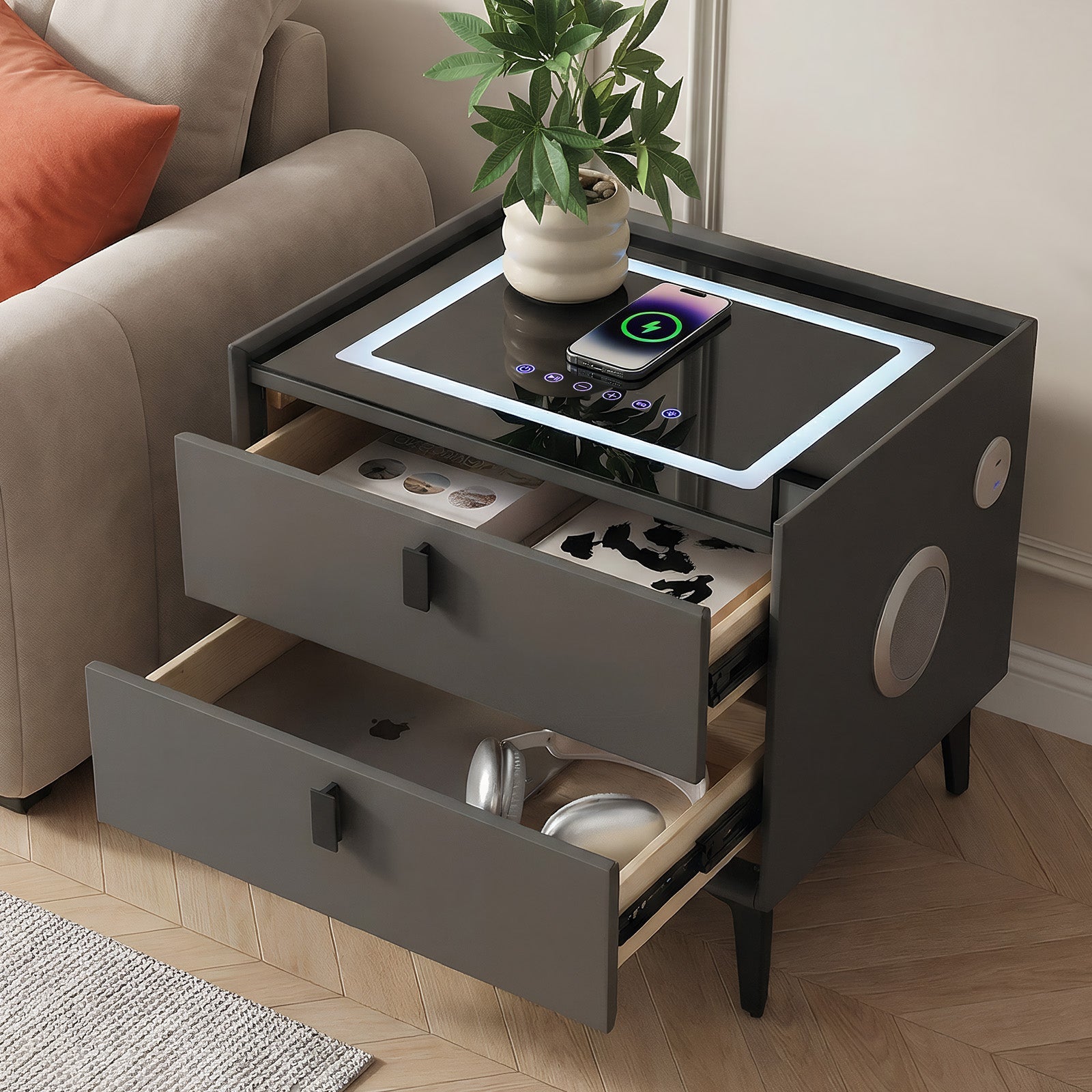 OYAJIA Nightstand with RGB Lighting, Bluetooth Speaker, USB Port and 2-Tier Storage