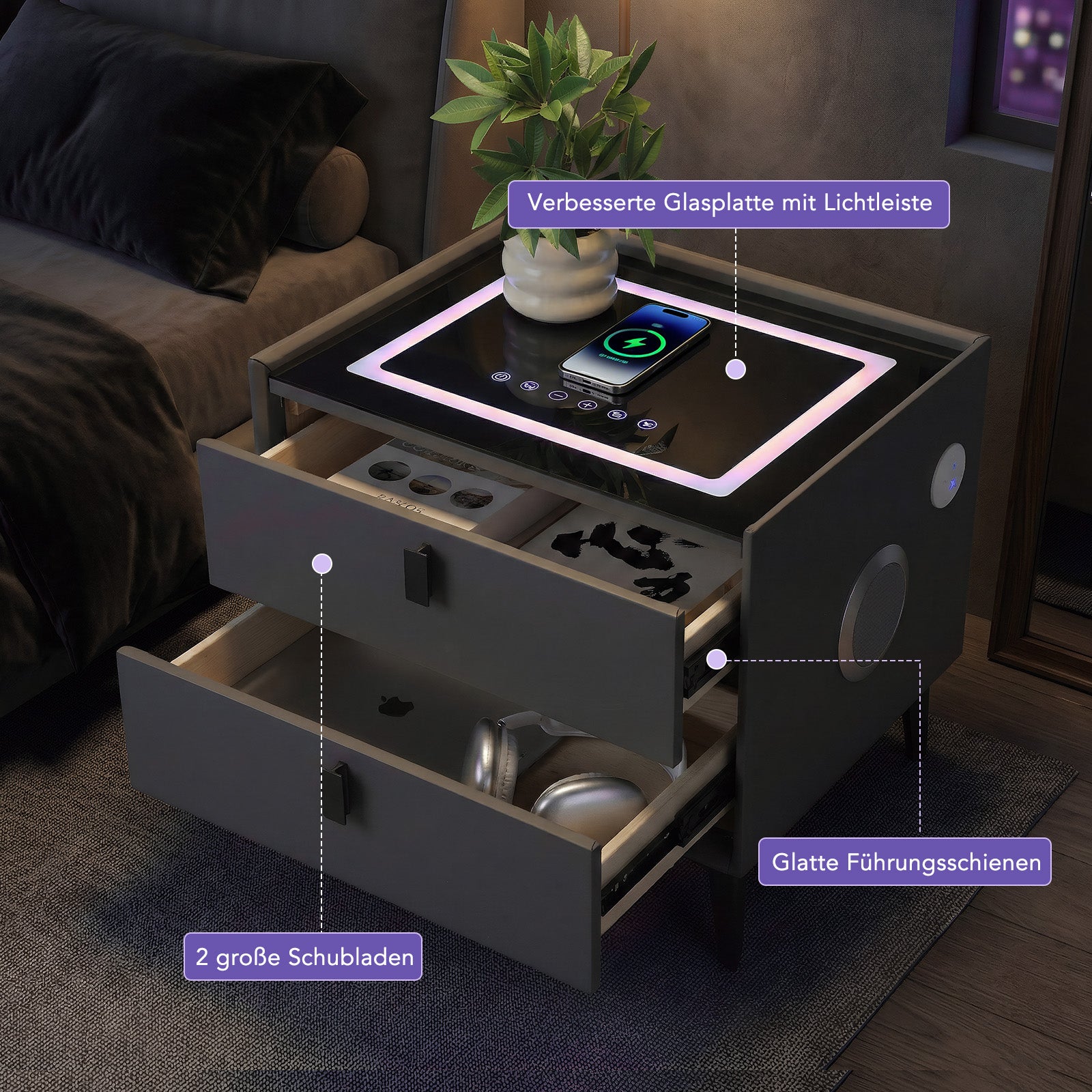 OYAJIA Nightstand with RGB Lighting, Bluetooth Speaker, USB Port and 2-Tier Storage