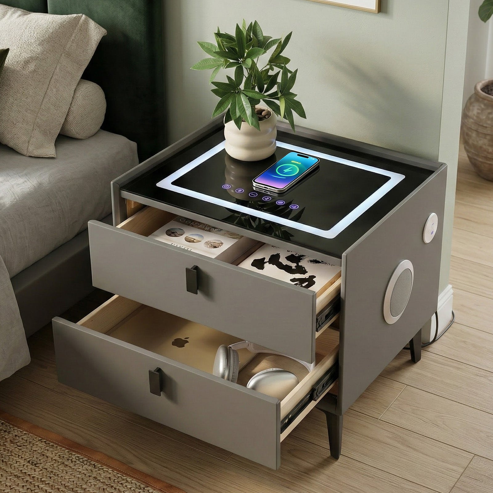 OYAJIA Nightstand with RGB Lighting, Bluetooth Speaker, USB Port and 2-Tier Storage