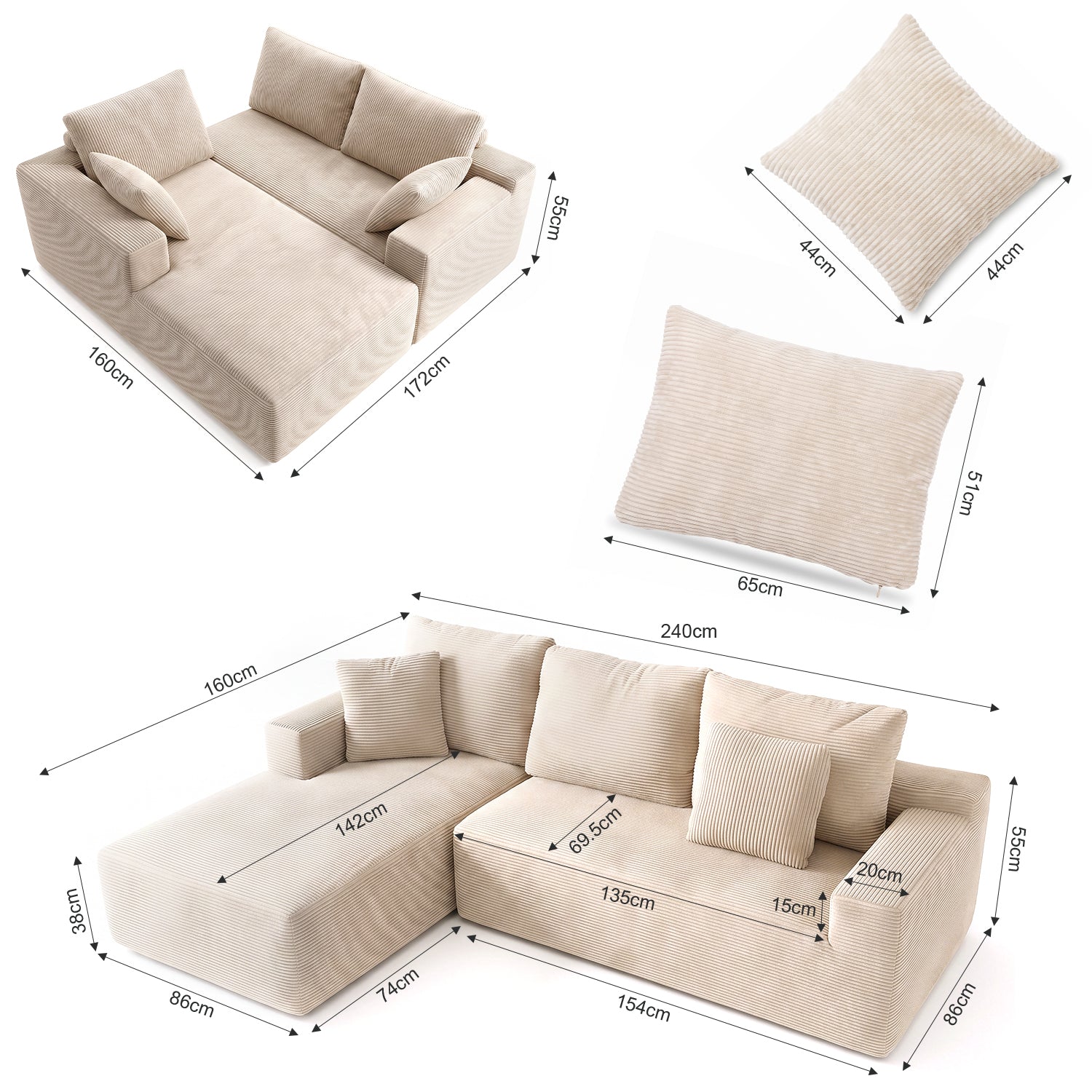 OYAJIA Modular Corner Sofa with Large Chaise Lounge, Sofa Bed, Vacuum-Packed Design