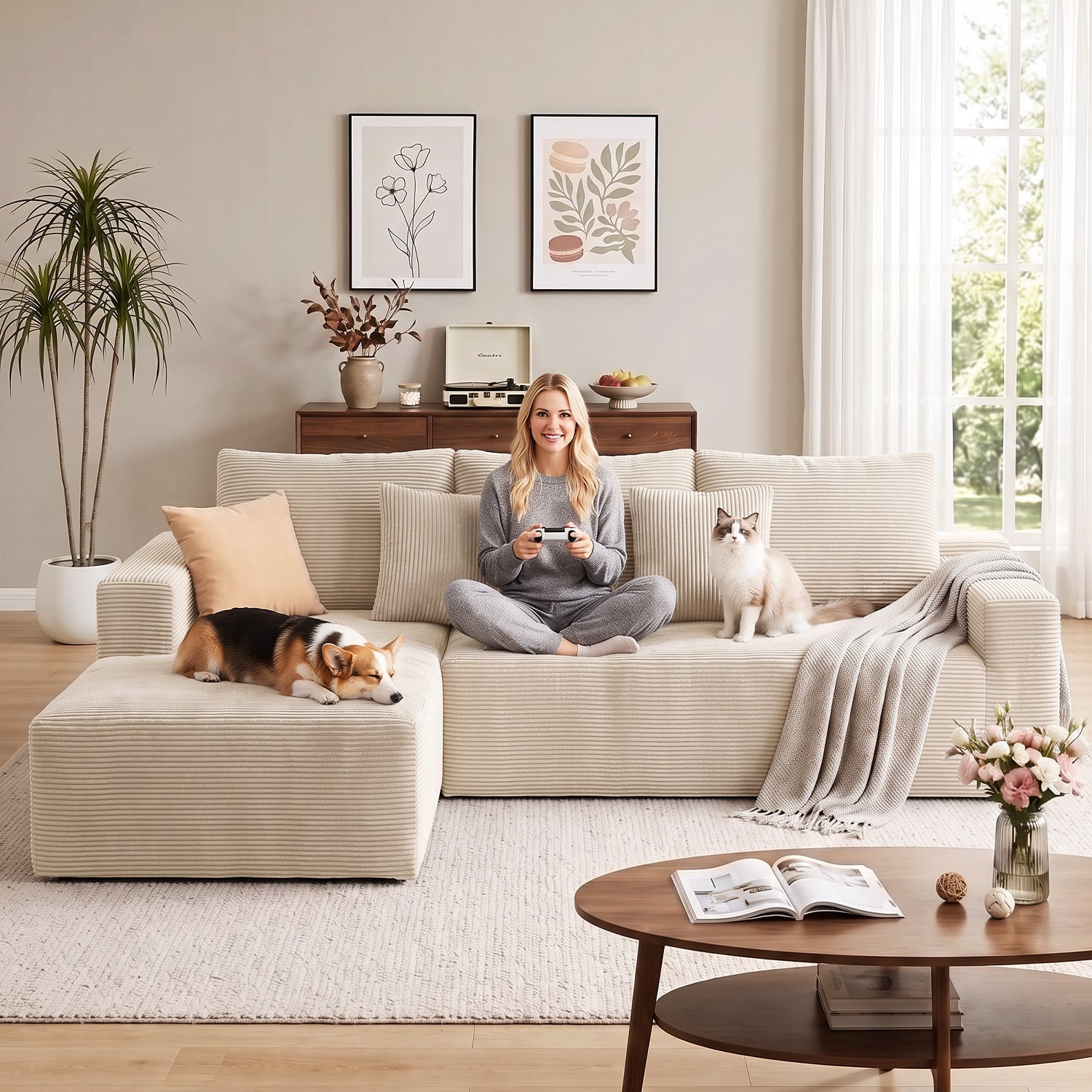 OYAJIA Modular Corner Sofa with Large Chaise Lounge, Sofa Bed, Vacuum-Packed Design