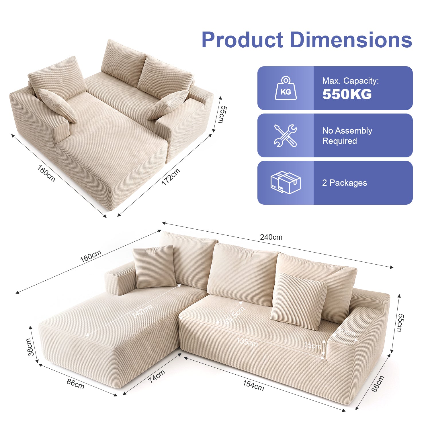 OYAJIA Modular Corner Sofa with Large Chaise Lounge, Sofa Bed, Vacuum-Packed Design