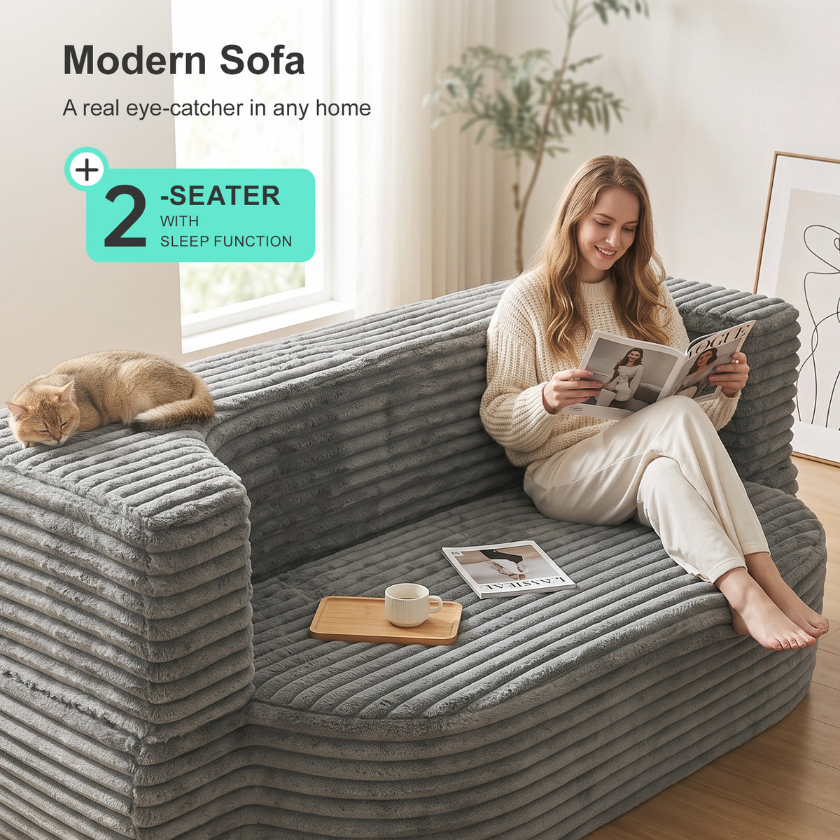 OYAJIA Foldable Corduroy Sofa Bed with 2 Cushions