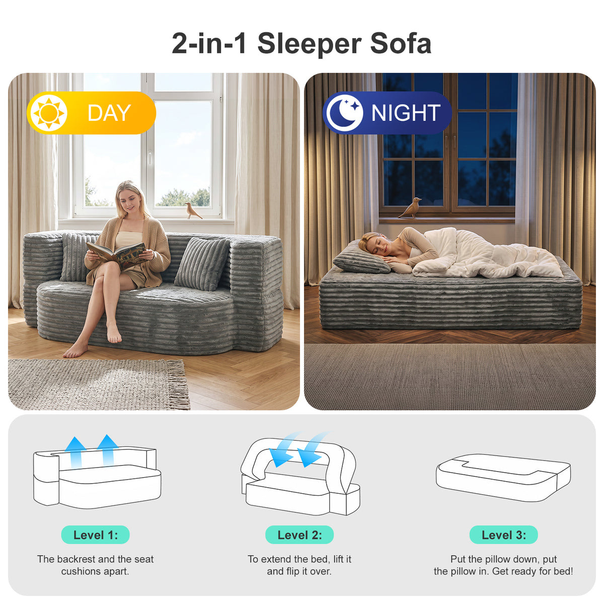 OYAJIA Foldable Corduroy Sofa Bed with 2 Cushions