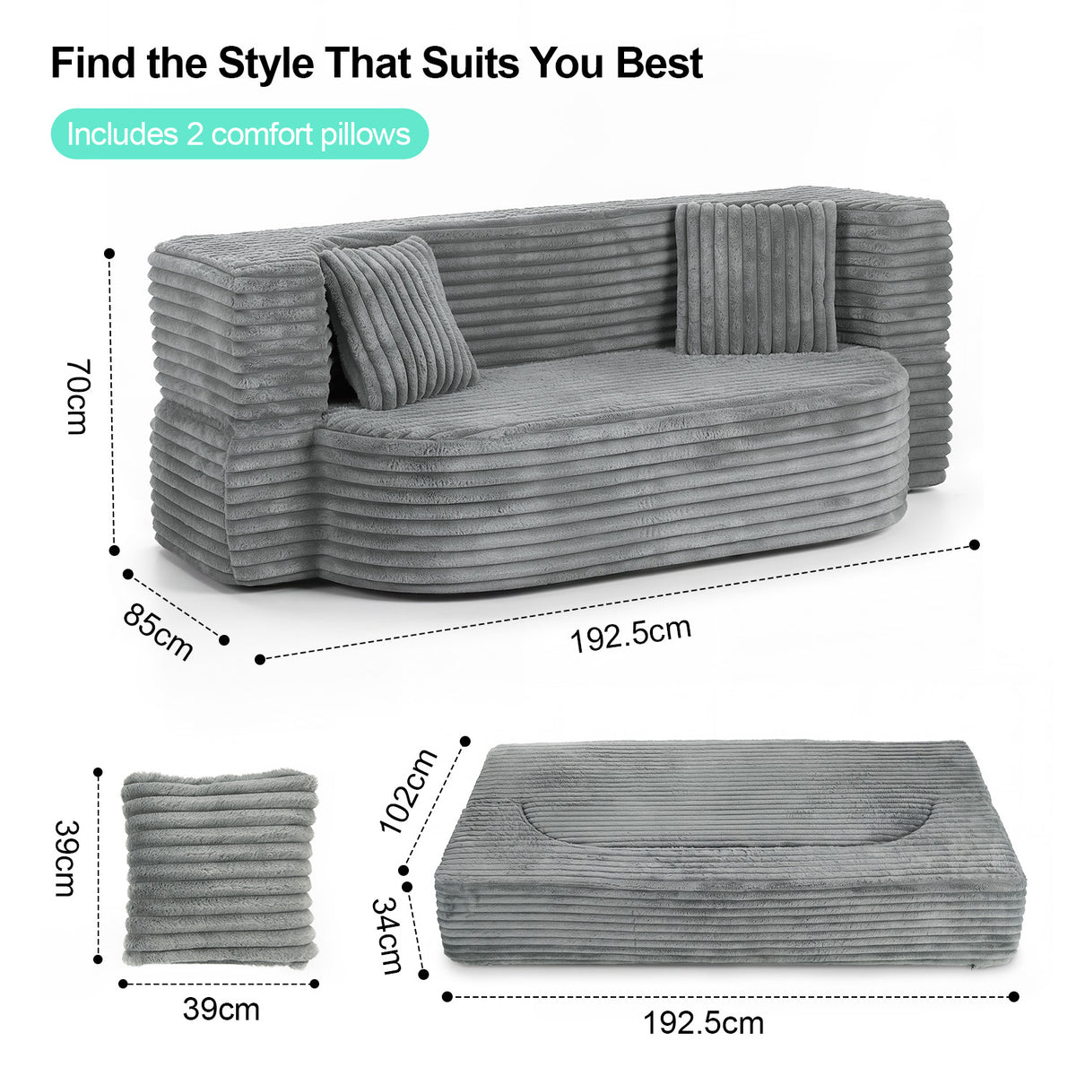 OYAJIA Foldable Corduroy Sofa Bed with 2 Cushions