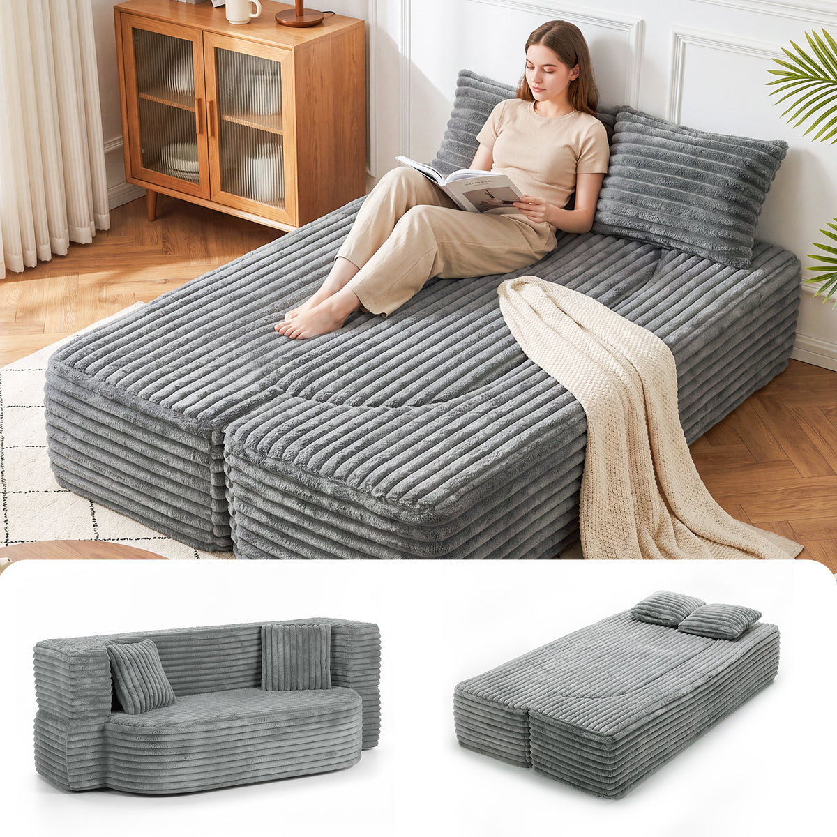OYAJIA Foldable Corduroy Sofa Bed with 2 Cushions