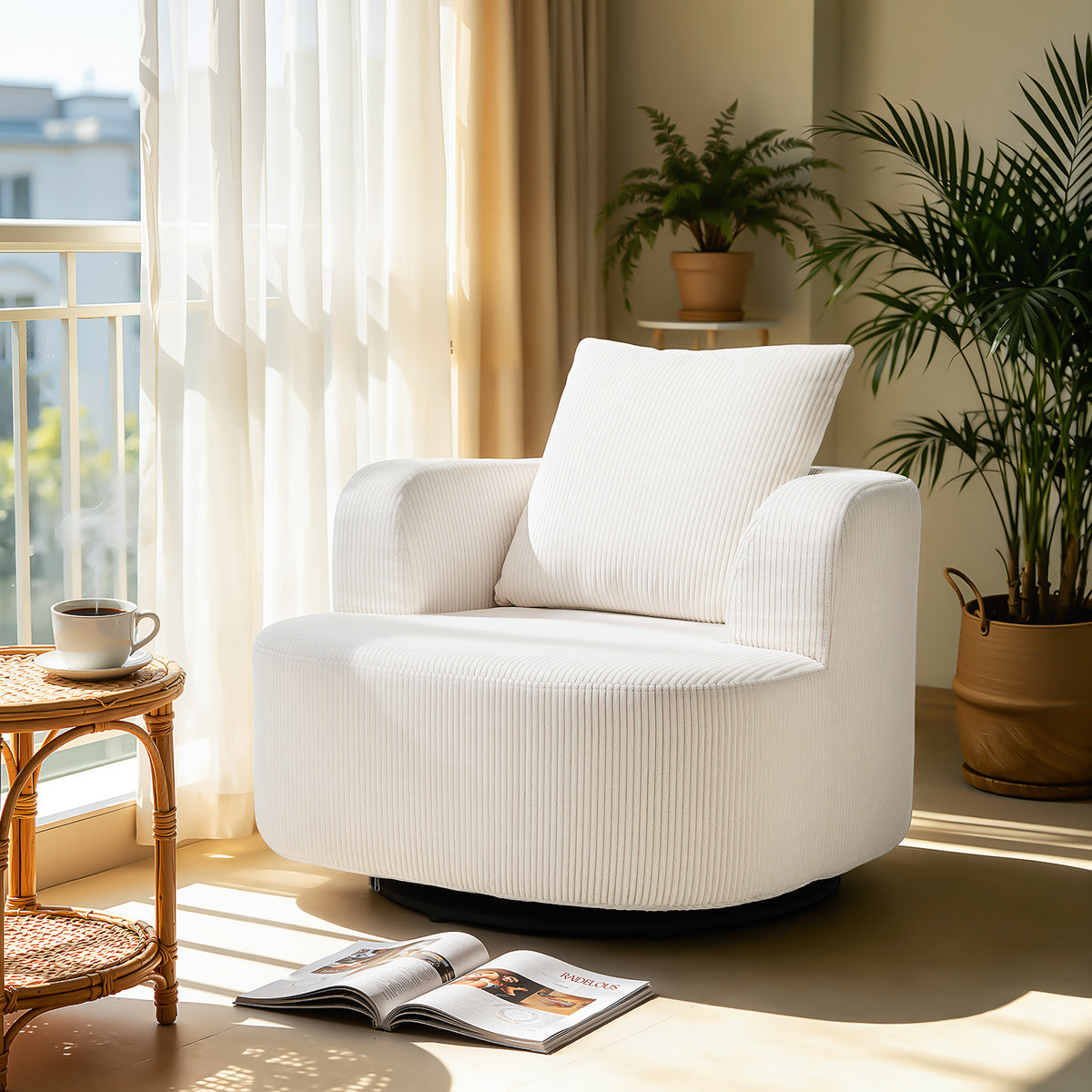 OYAJIA 360° Swivel Armchair with Corduroy Upholstery & Large Cushion