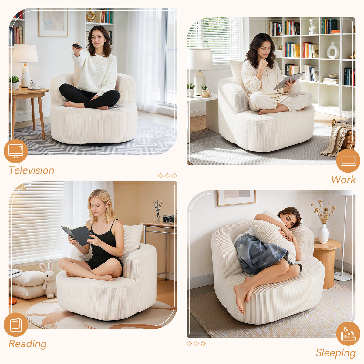 OYAJIA 360° Swivel Armchair with Corduroy Upholstery & Large Cushion