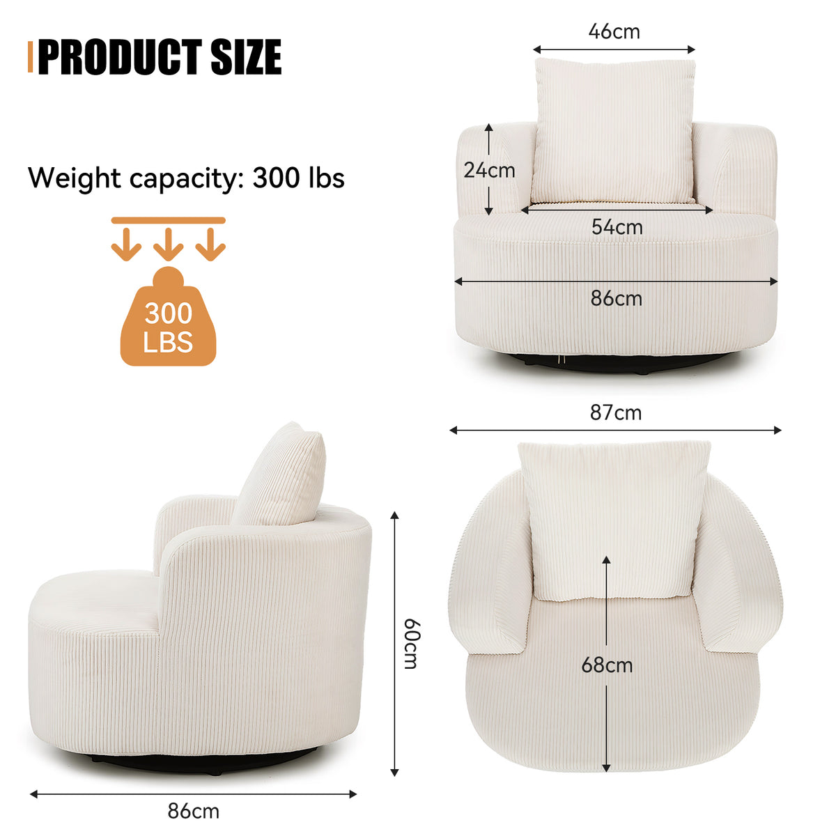 OYAJIA 360° Swivel Armchair with Corduroy Upholstery & Large Cushion