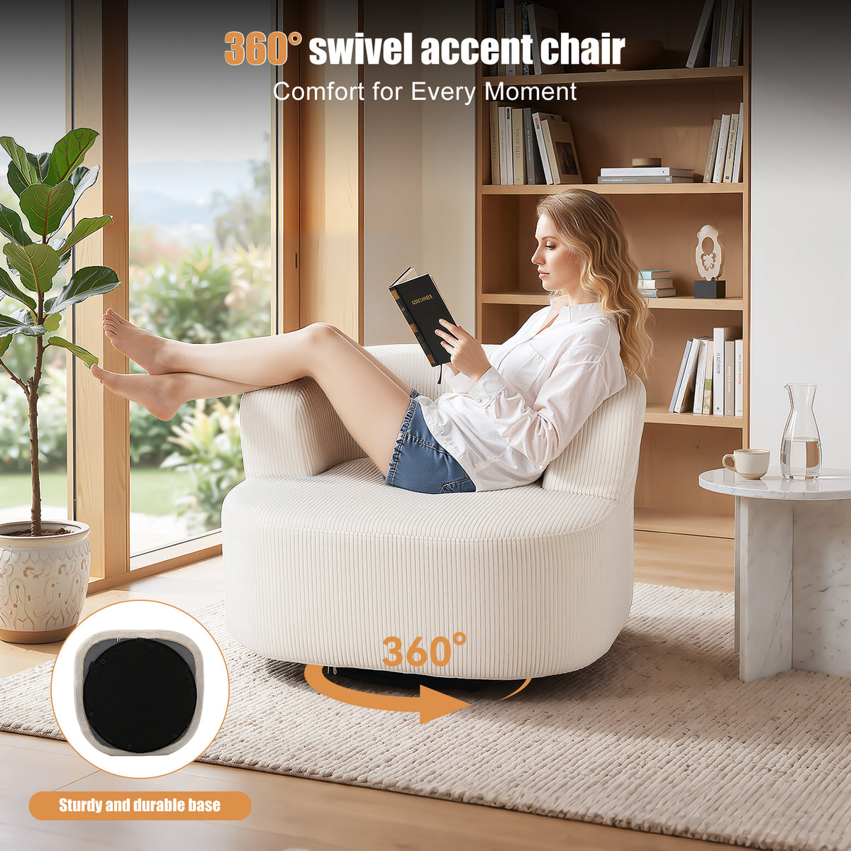 OYAJIA 360° Swivel Armchair with Corduroy Upholstery & Large Cushion