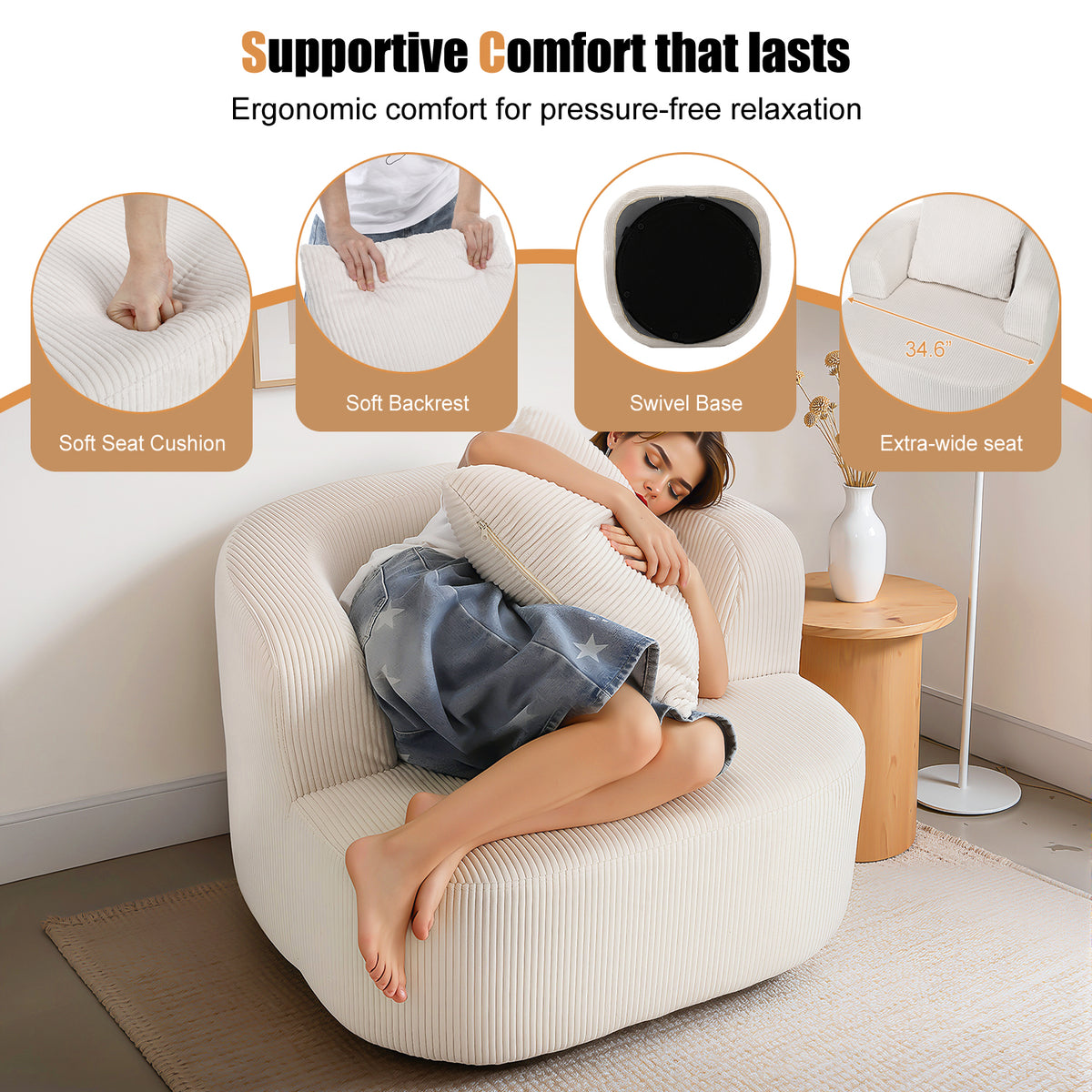 OYAJIA 360° Swivel Armchair with Corduroy Upholstery & Large Cushion