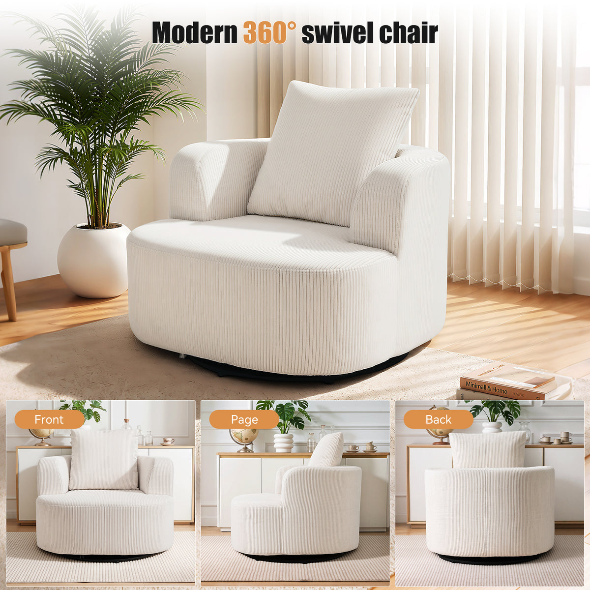 OYAJIA 360° Swivel Armchair with Corduroy Upholstery & Large Cushion