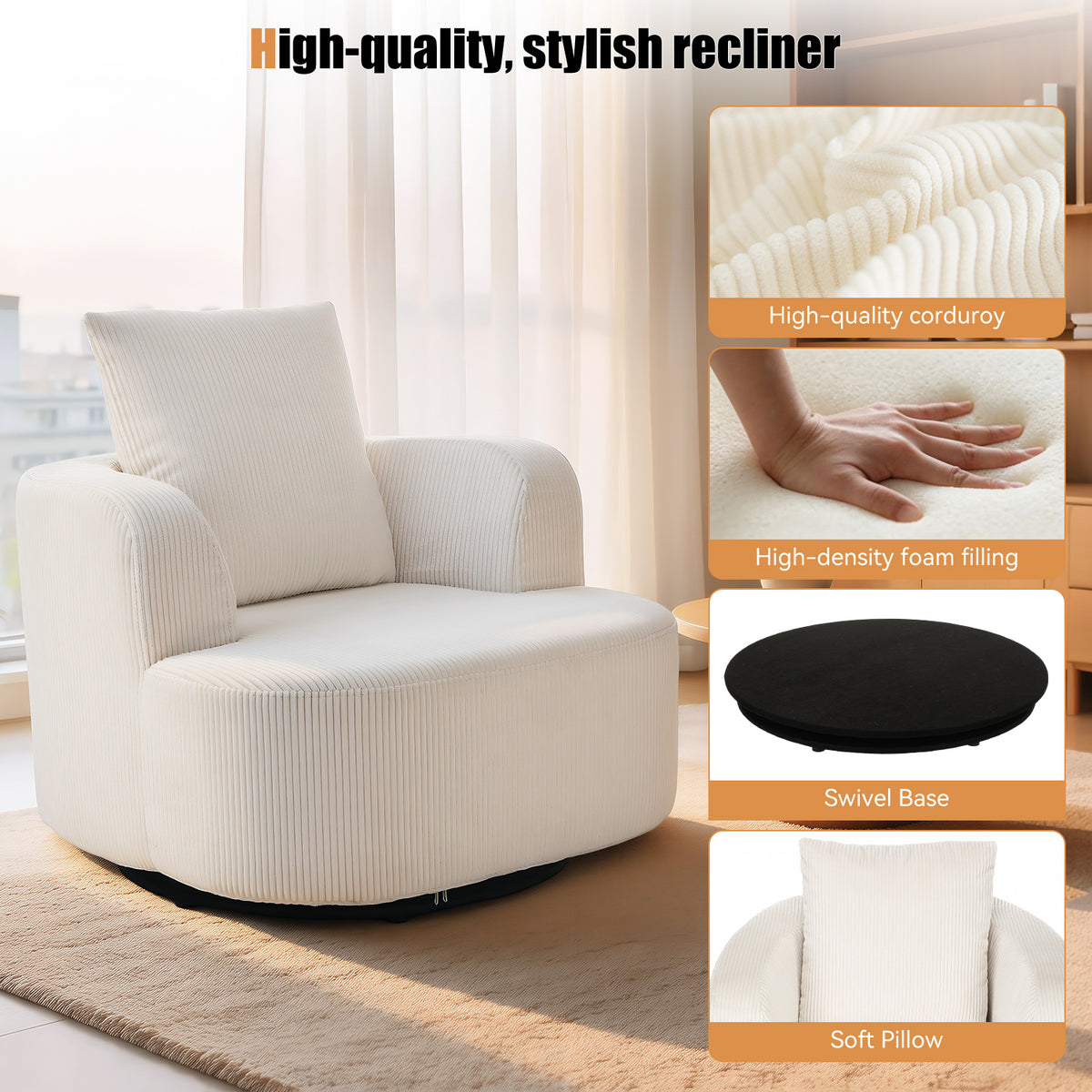 OYAJIA 360° Swivel Armchair with Corduroy Upholstery & Large Cushion