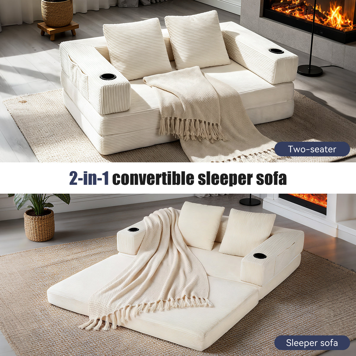 OYAJIA Corduroy Sofa Bed with Boneless Design & Foldable Function