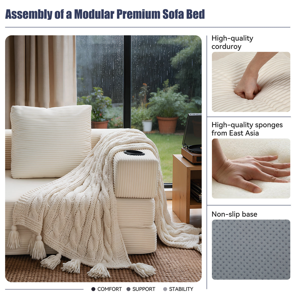OYAJIA Corduroy Sofa Bed with Boneless Design & Foldable Function