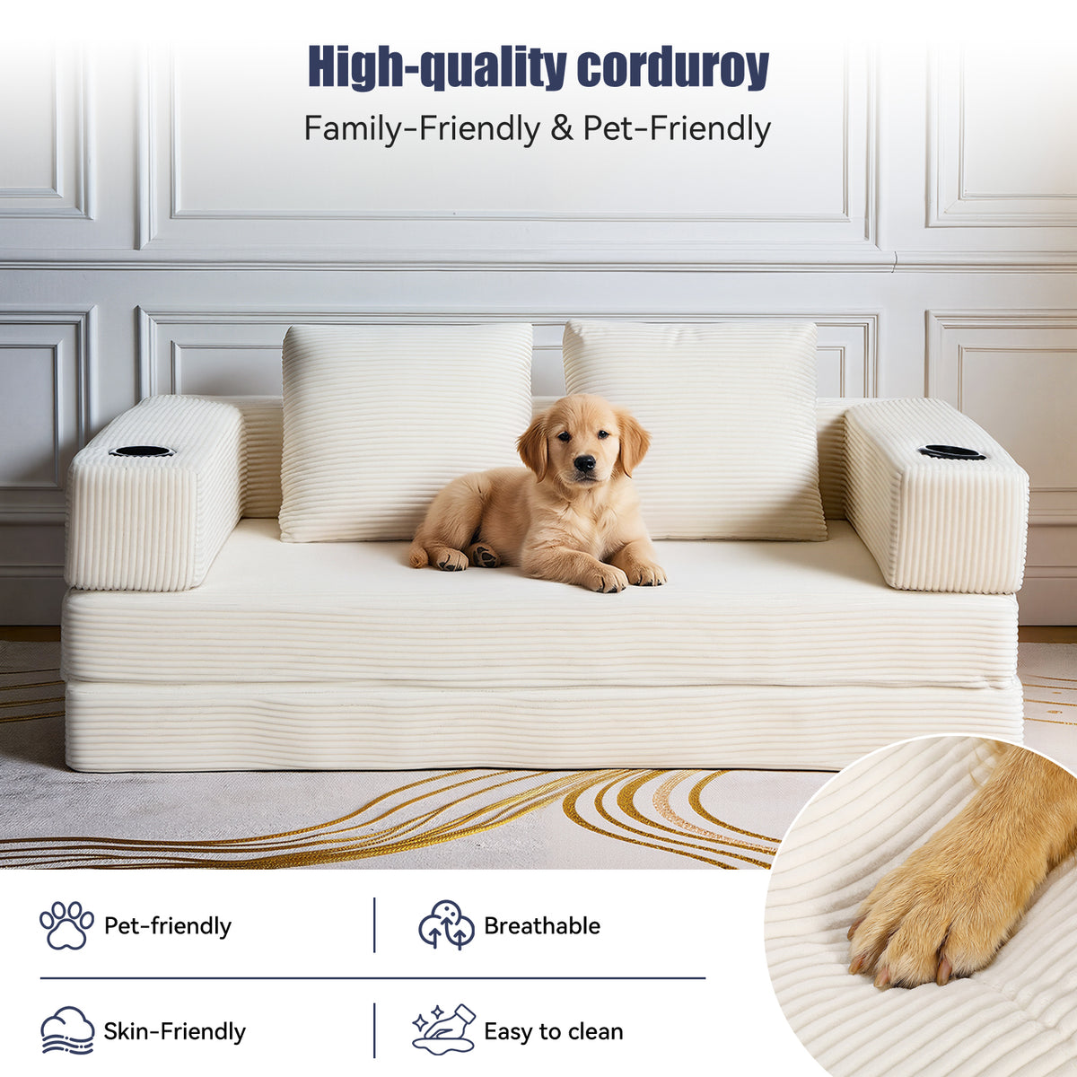 OYAJIA Corduroy Sofa Bed with Boneless Design & Foldable Function