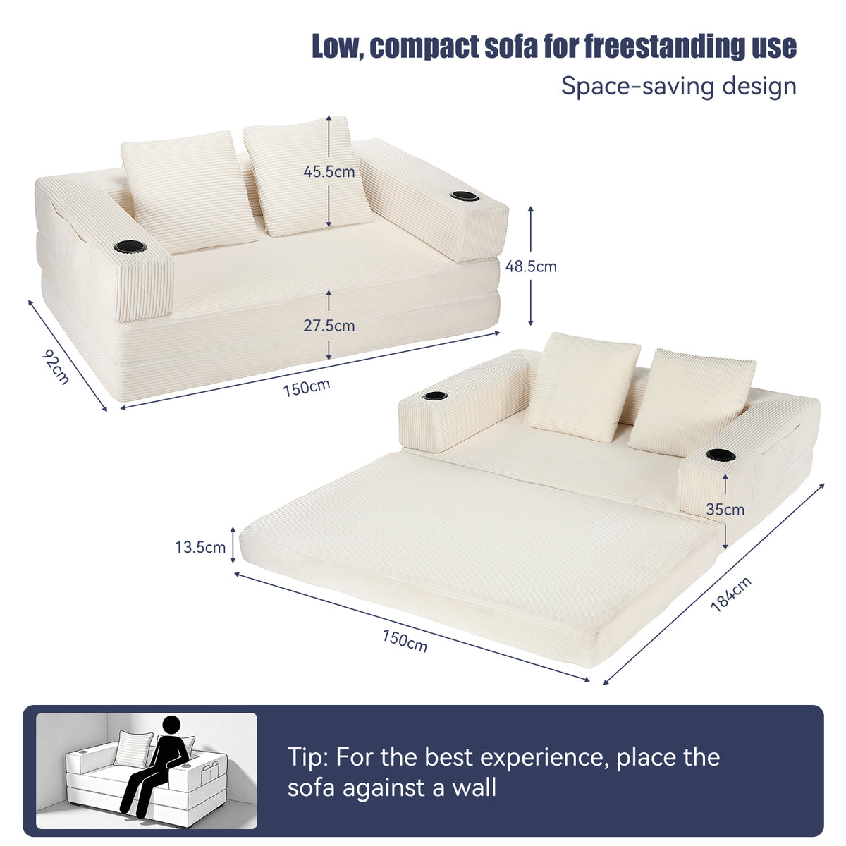 OYAJIA Corduroy Sofa Bed with Boneless Design & Foldable Function