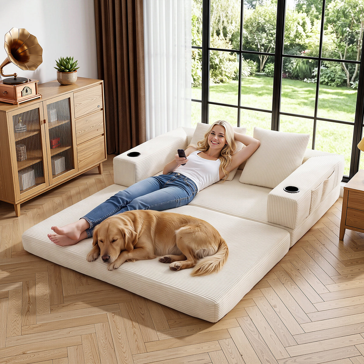 OYAJIA Corduroy Sofa Bed with Boneless Design & Foldable Function