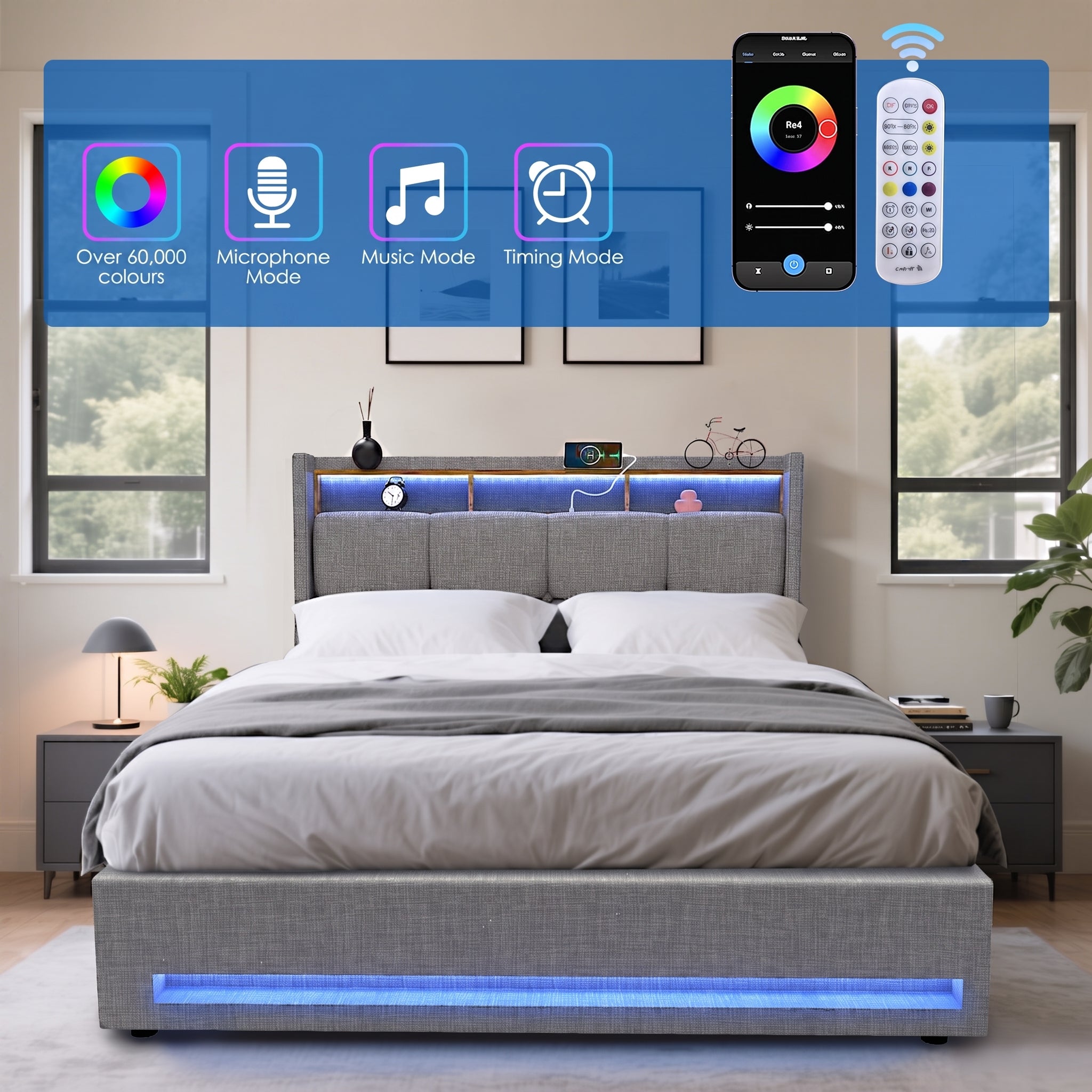 OYAJIA Upholstered Storage Bed Frame with LED Lights and Charging Station