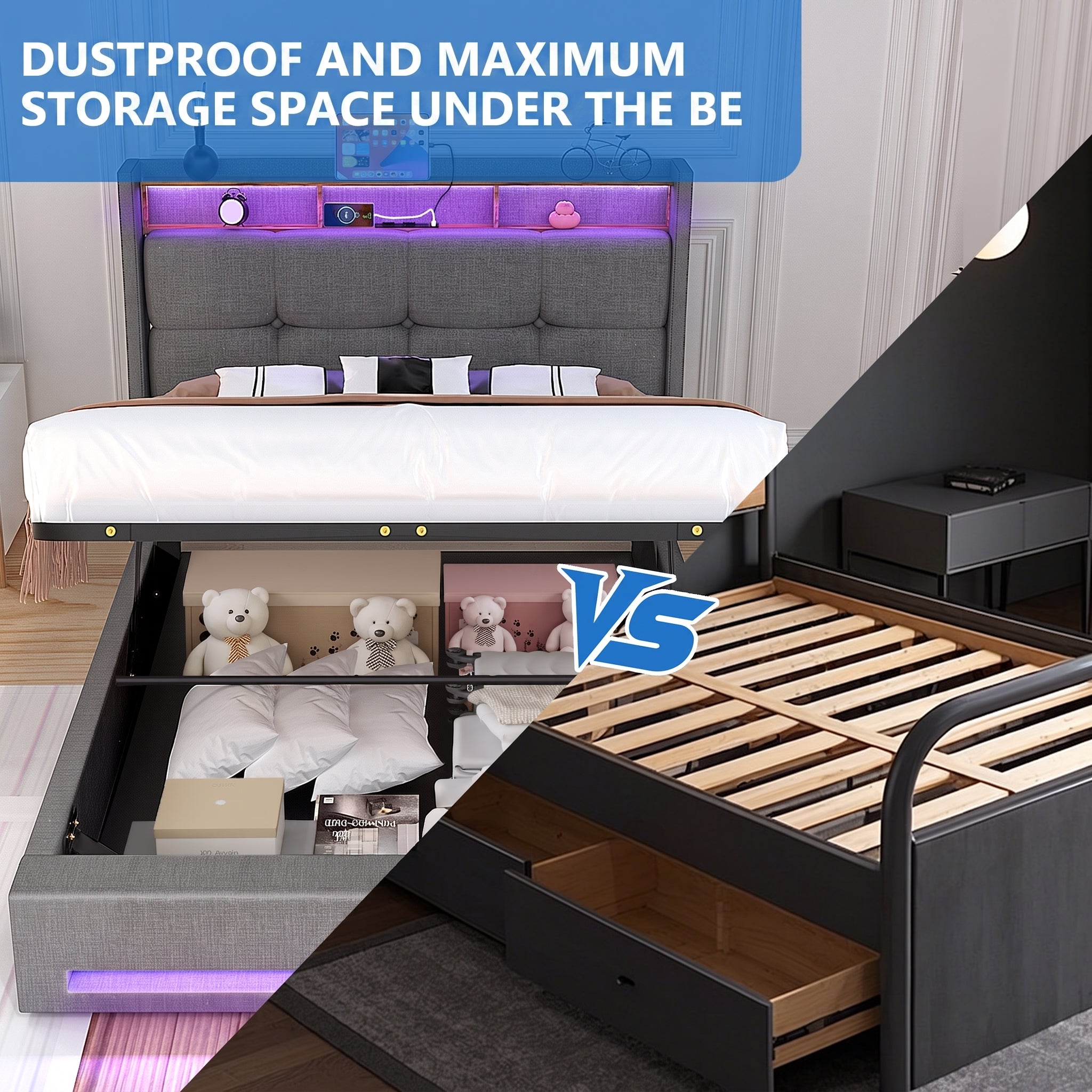 OYAJIA Upholstered Storage Bed Frame with LED Lights and Charging Station