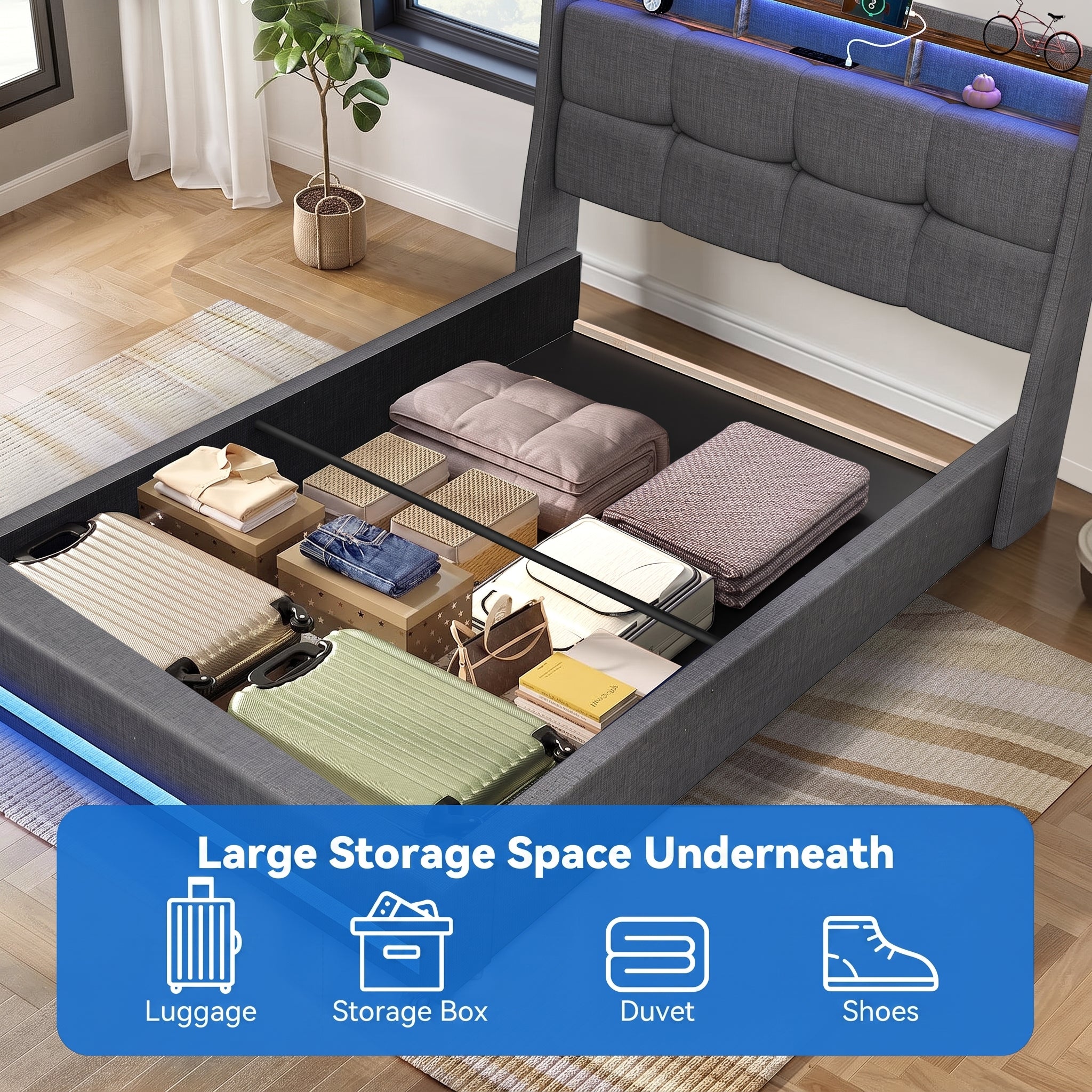 OYAJIA Upholstered Storage Bed Frame with LED Lights and Charging Station