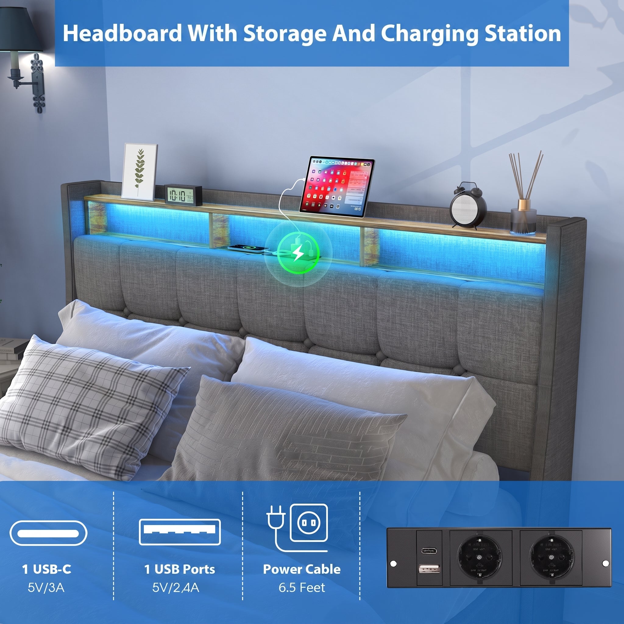 OYAJIA Upholstered Storage Bed Frame with LED Lights and Charging Station