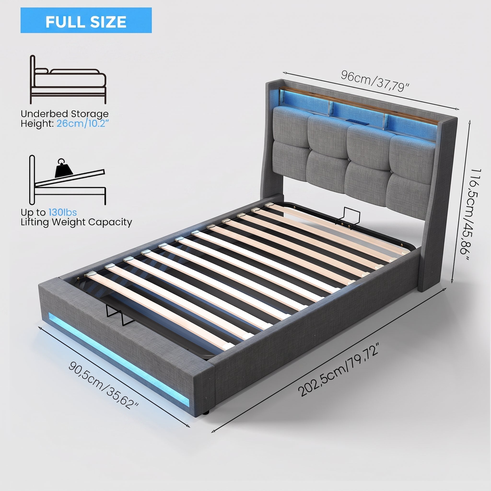 OYAJIA Upholstered Storage Bed Frame with LED Lights and Charging Station