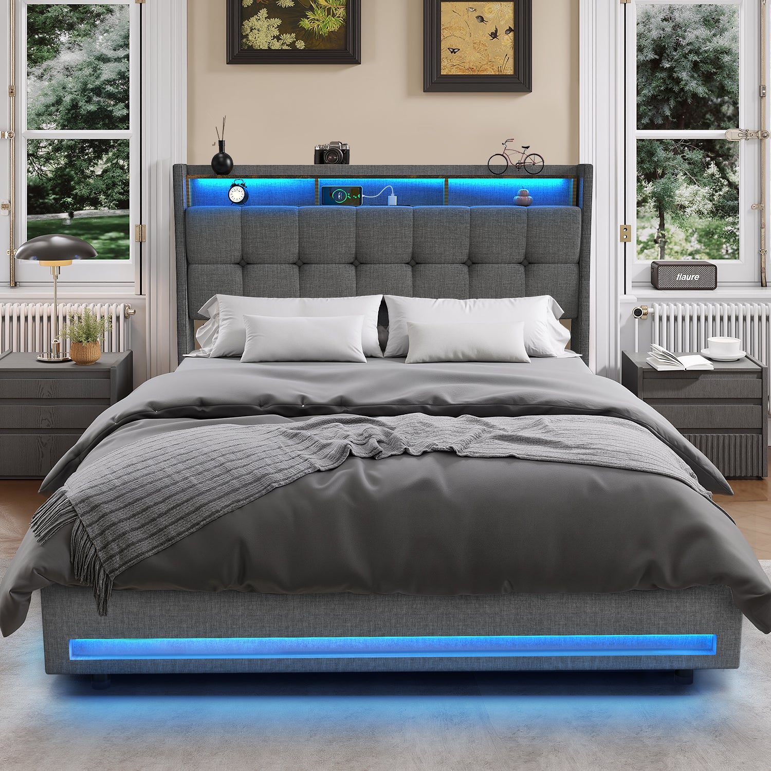 OYAJIA Upholstered Storage Bed Frame with LED Lights and Charging Station