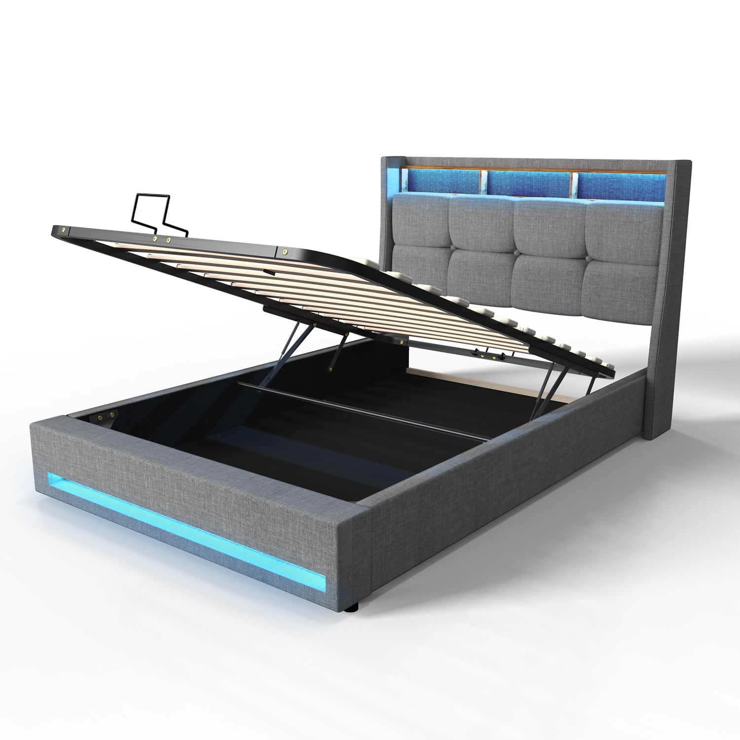 OYAJIA Upholstered Storage Bed Frame with LED Lights and Charging Station