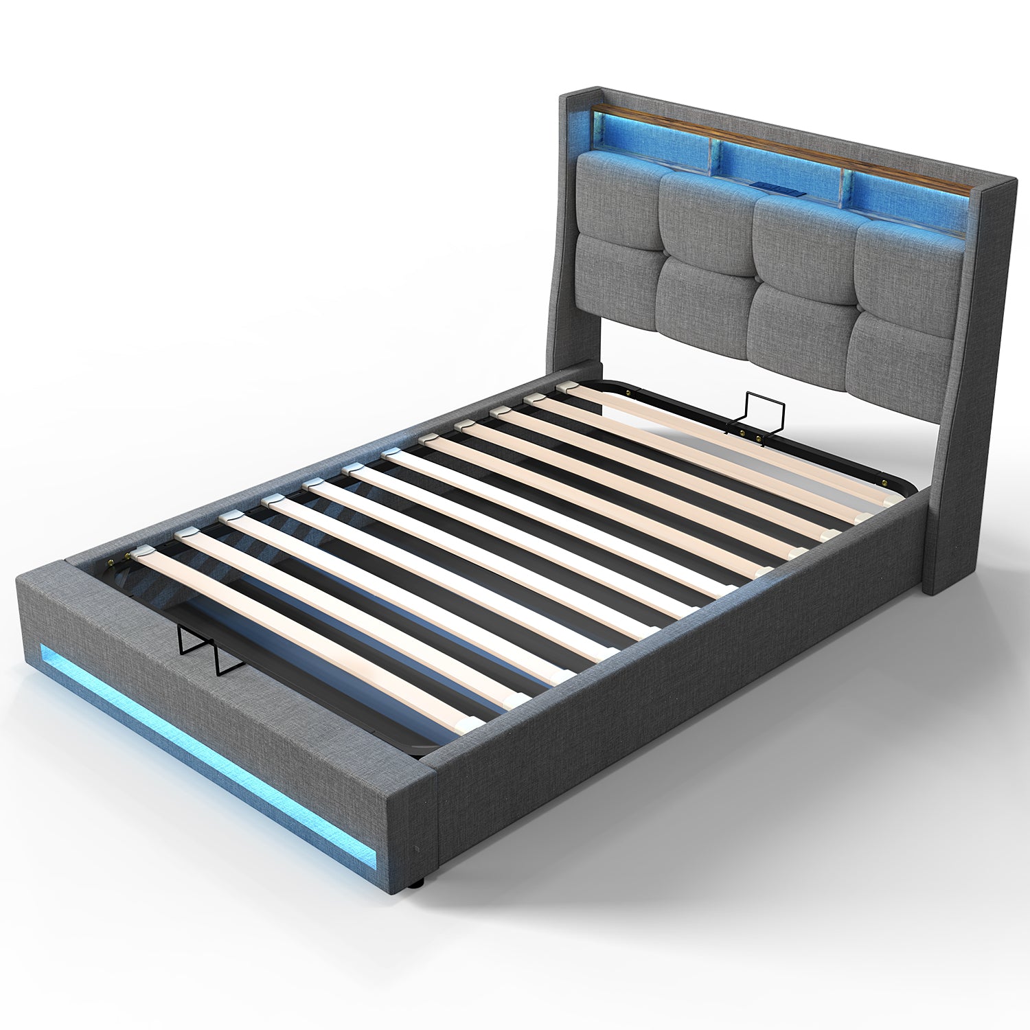 OYAJIA Upholstered Storage Bed Frame with LED Lights and Charging Station