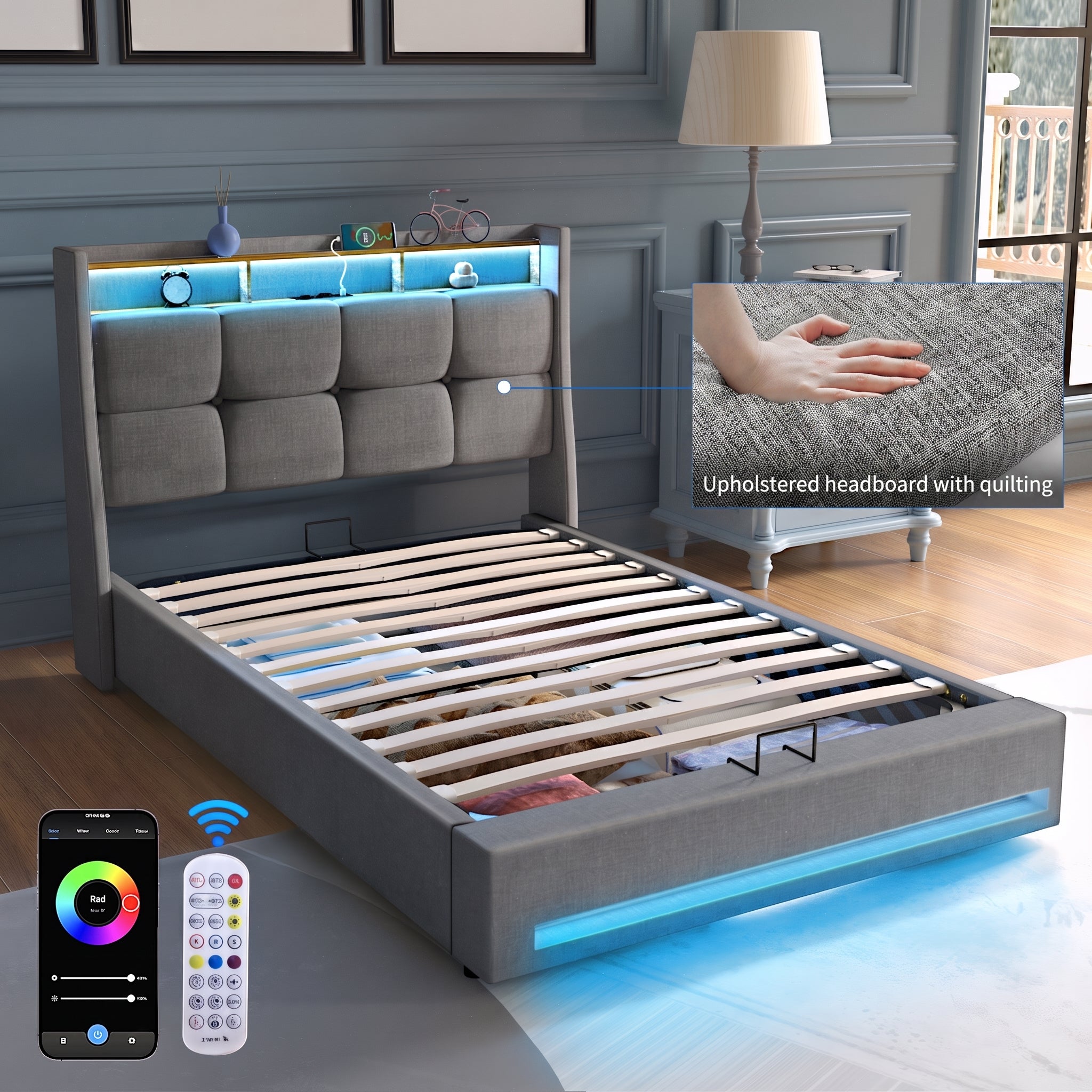 OYAJIA Upholstered Storage Bed Frame with LED Lights and Charging Station