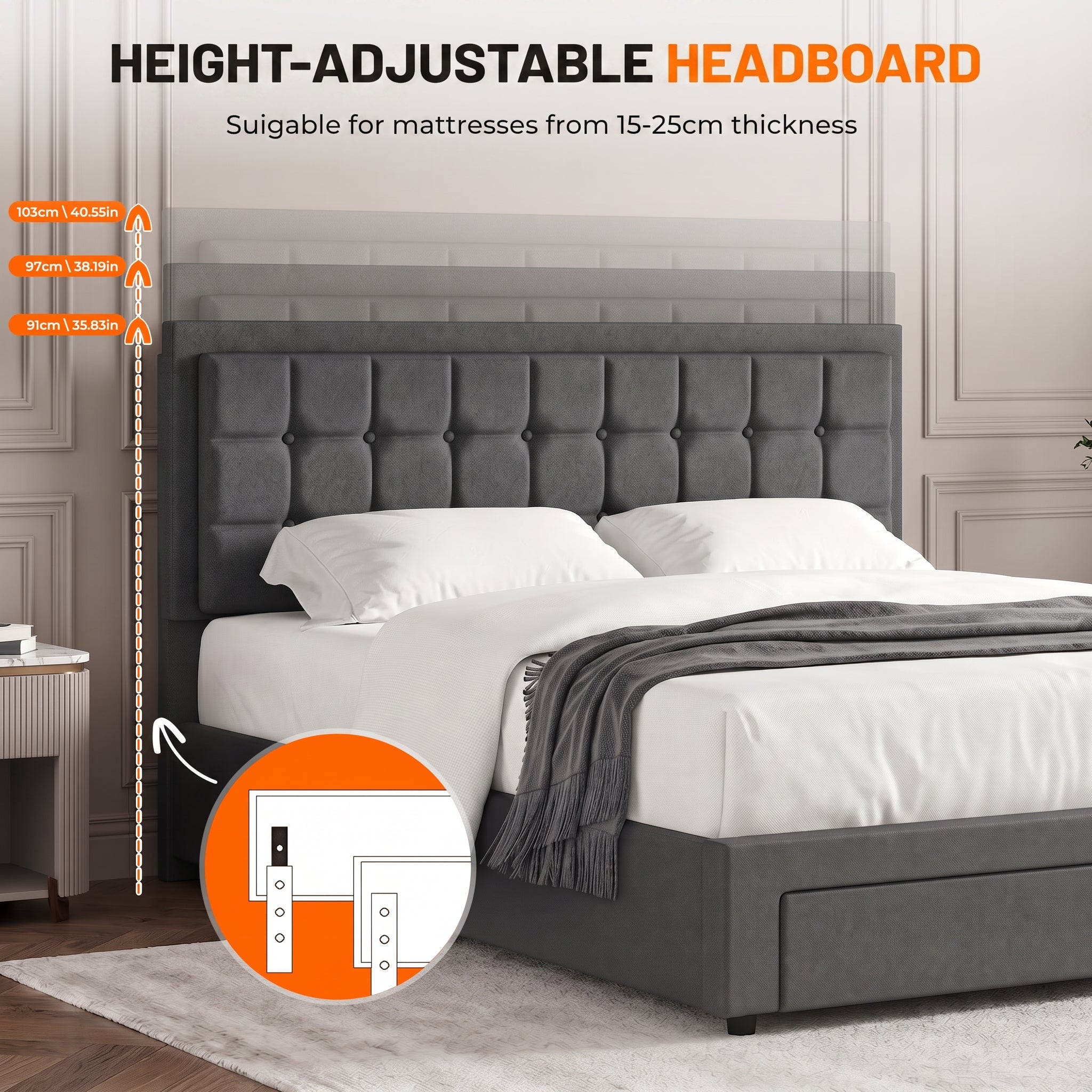 OYAJIA Upholstered Storage Bed Frame with Hydraulic Lift and Adjustable Headboard