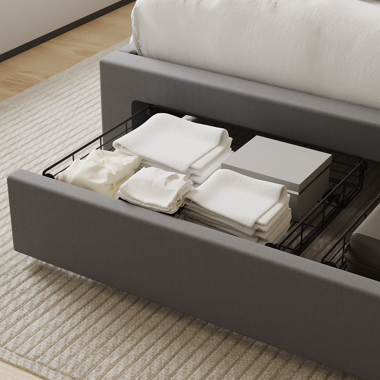 OYAJIA Upholstered Storage Bed Frame with Hydraulic Lift and Adjustable Headboard
