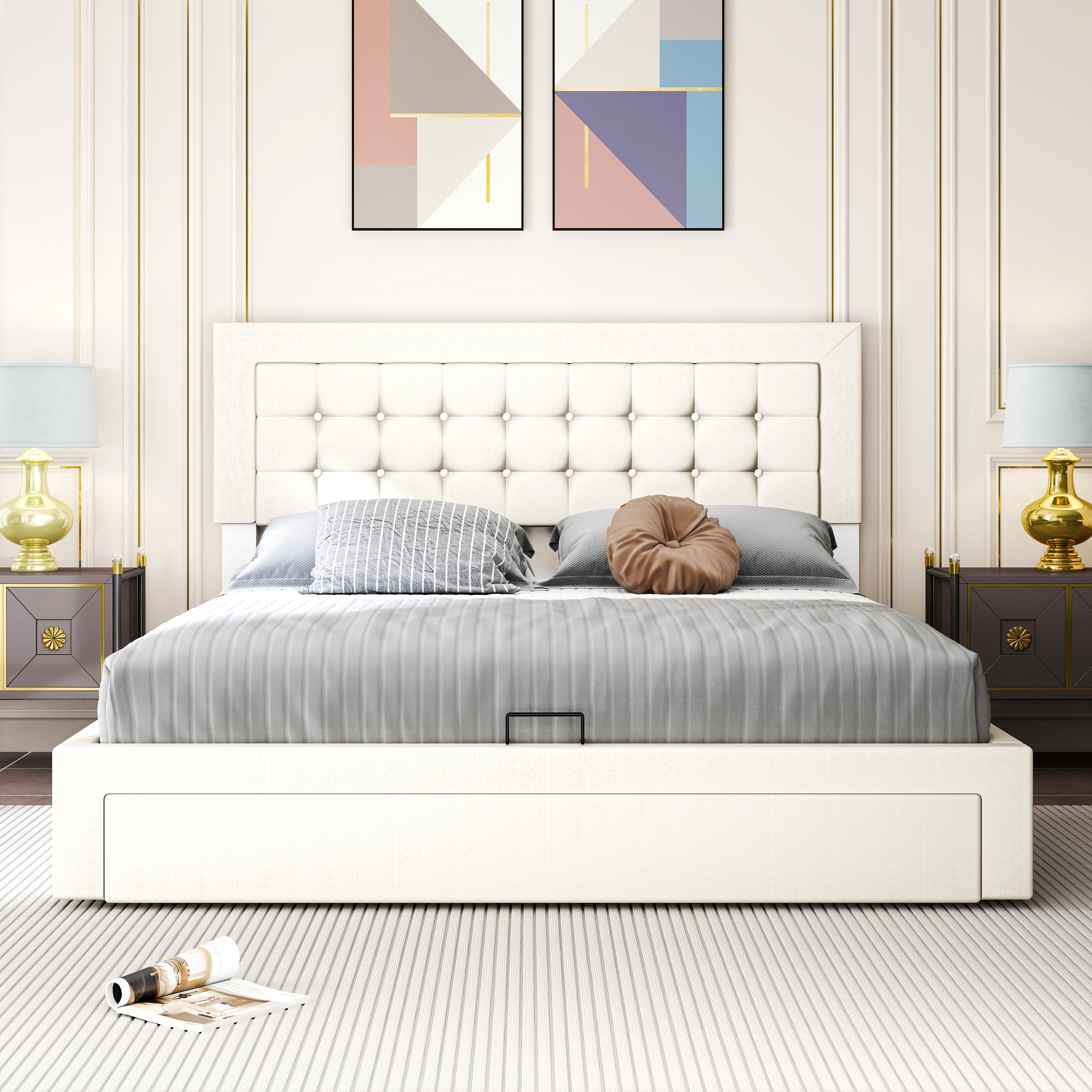OYAJIA Upholstered Storage Bed Frame with Hydraulic Lift and Adjustable Headboard