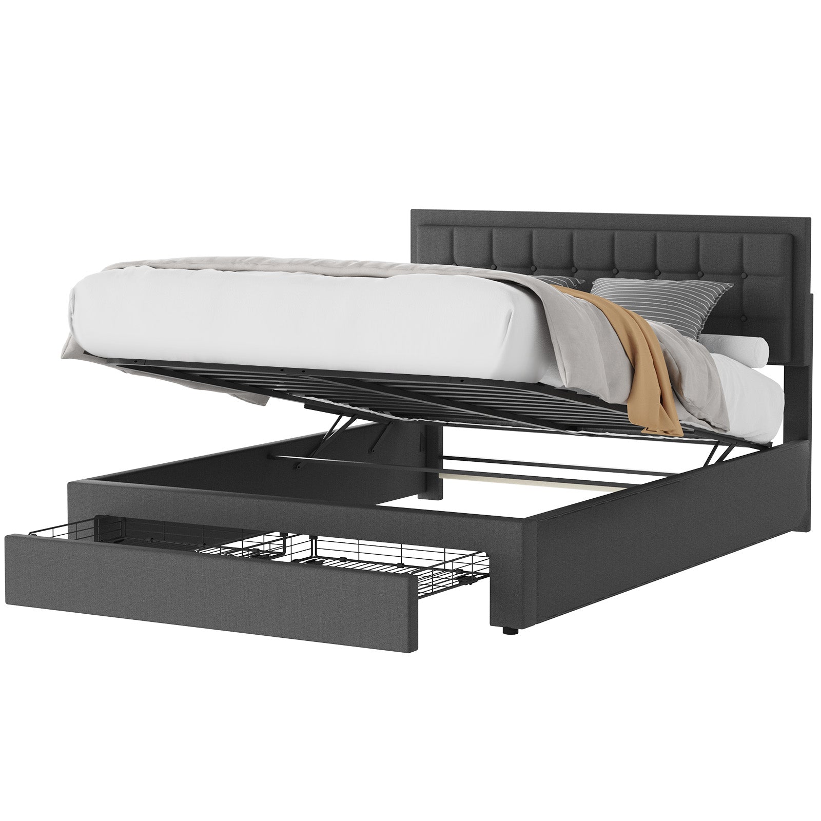 OYAJIA Upholstered Storage Bed Frame with Hydraulic Lift and Adjustable Headboard