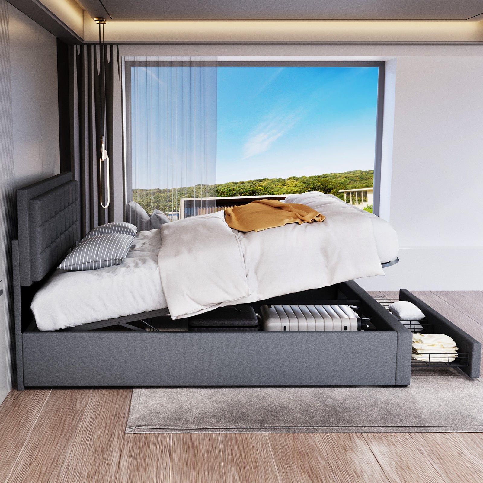 OYAJIA Upholstered Storage Bed Frame with Hydraulic Lift and Adjustable Headboard