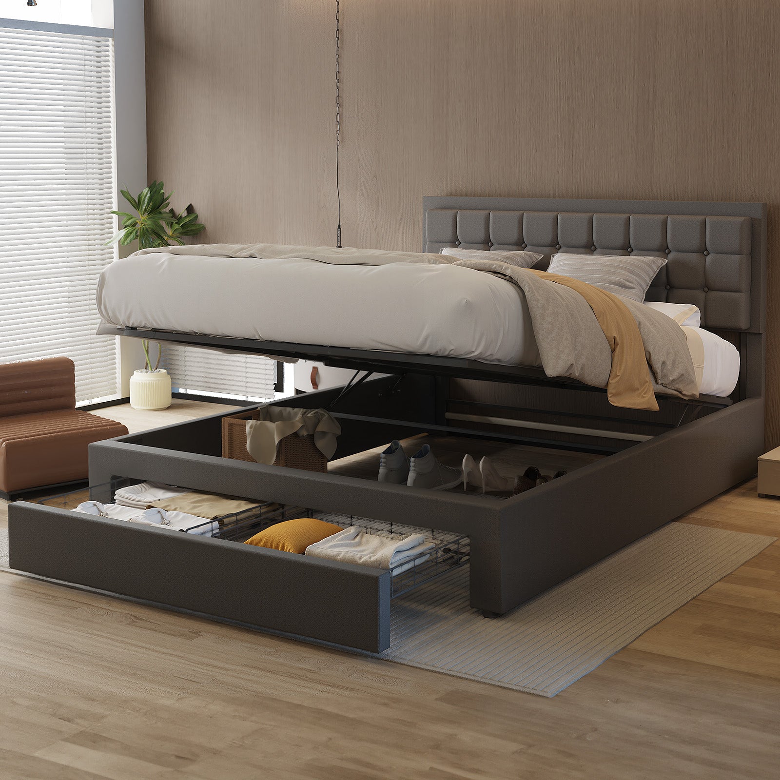 OYAJIA Upholstered Storage Bed Frame with Hydraulic Lift and Adjustable Headboard