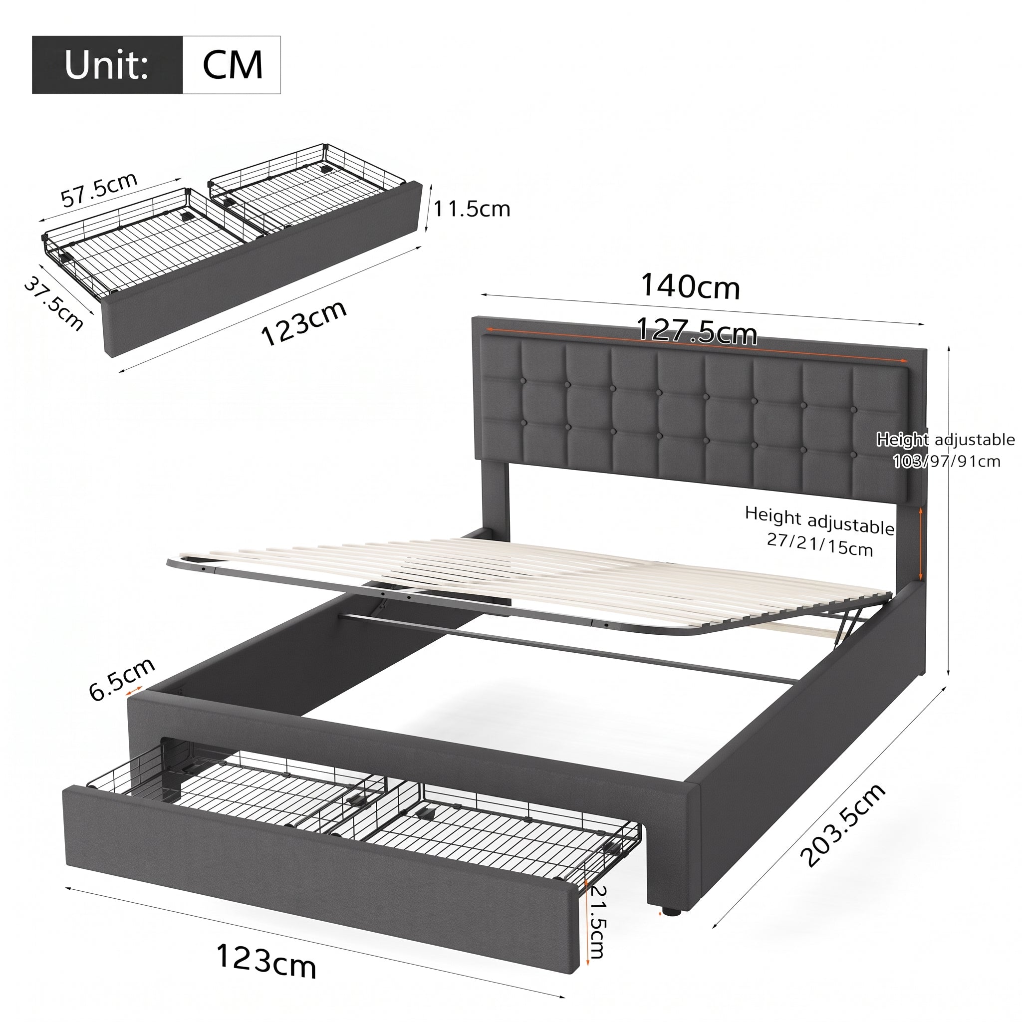OYAJIA Upholstered Storage Bed Frame with Hydraulic Lift and Adjustable Headboard