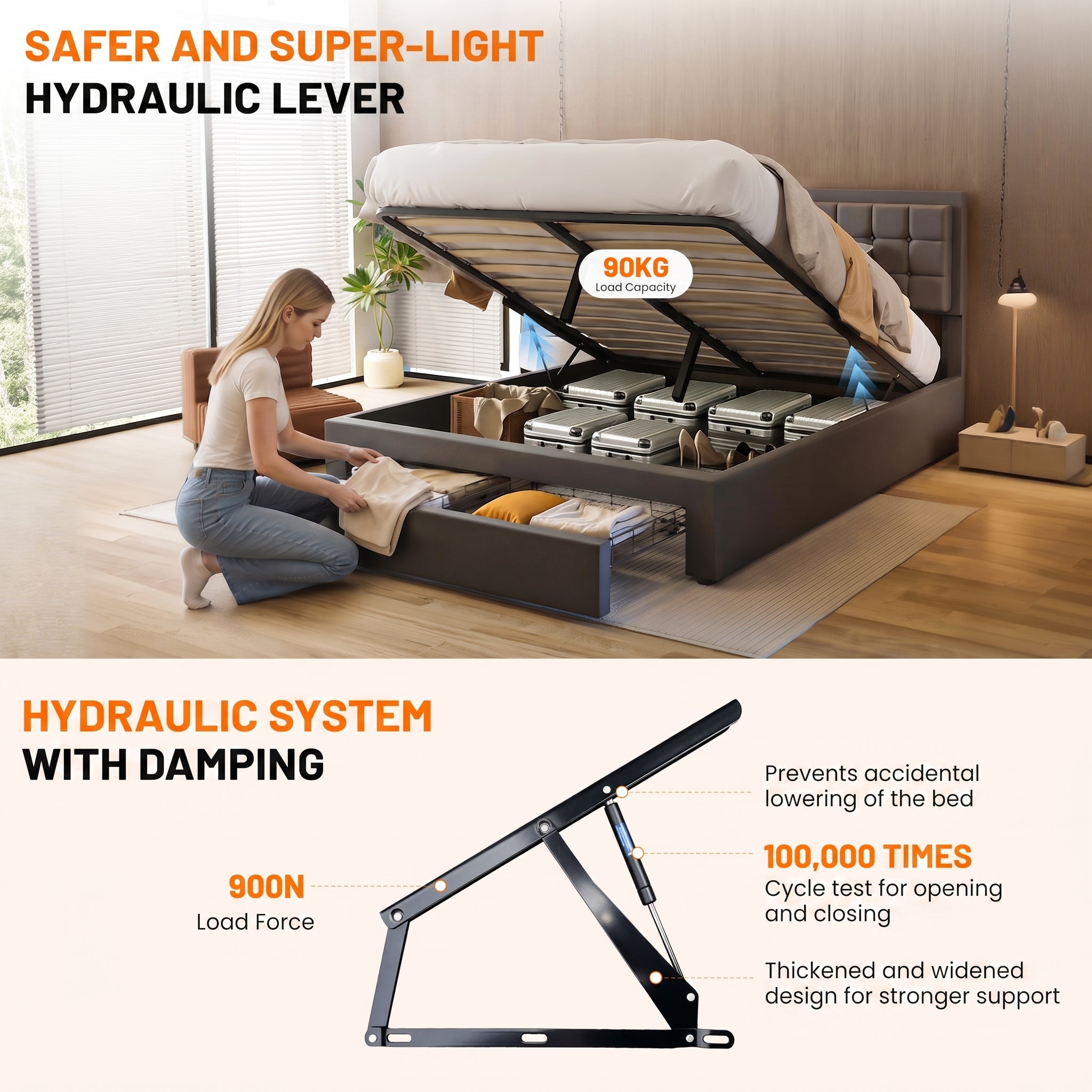 OYAJIA Upholstered Storage Bed Frame with Hydraulic Lift and Adjustable Headboard
