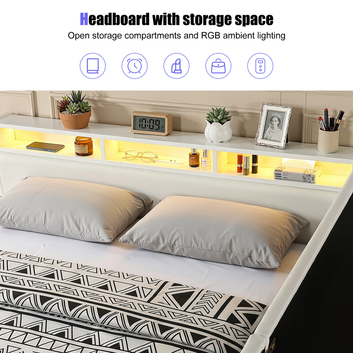 OYAJIA Upholstered Daybed with RGB LED Lights, Hydraulic Storage & USB-C