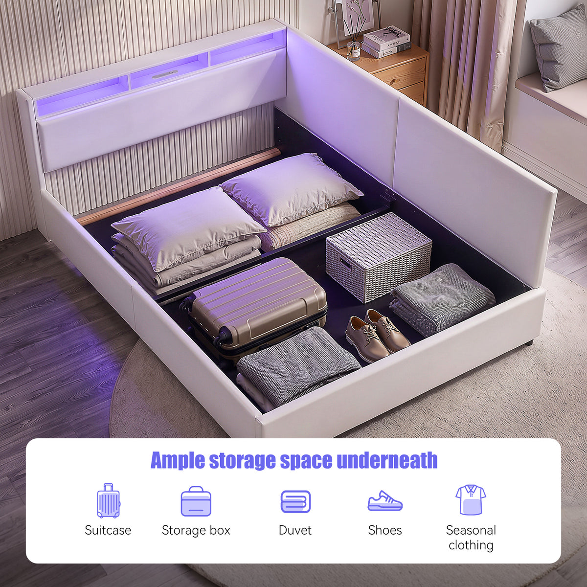 OYAJIA Upholstered Daybed with RGB LED Lights, Hydraulic Storage & USB-C