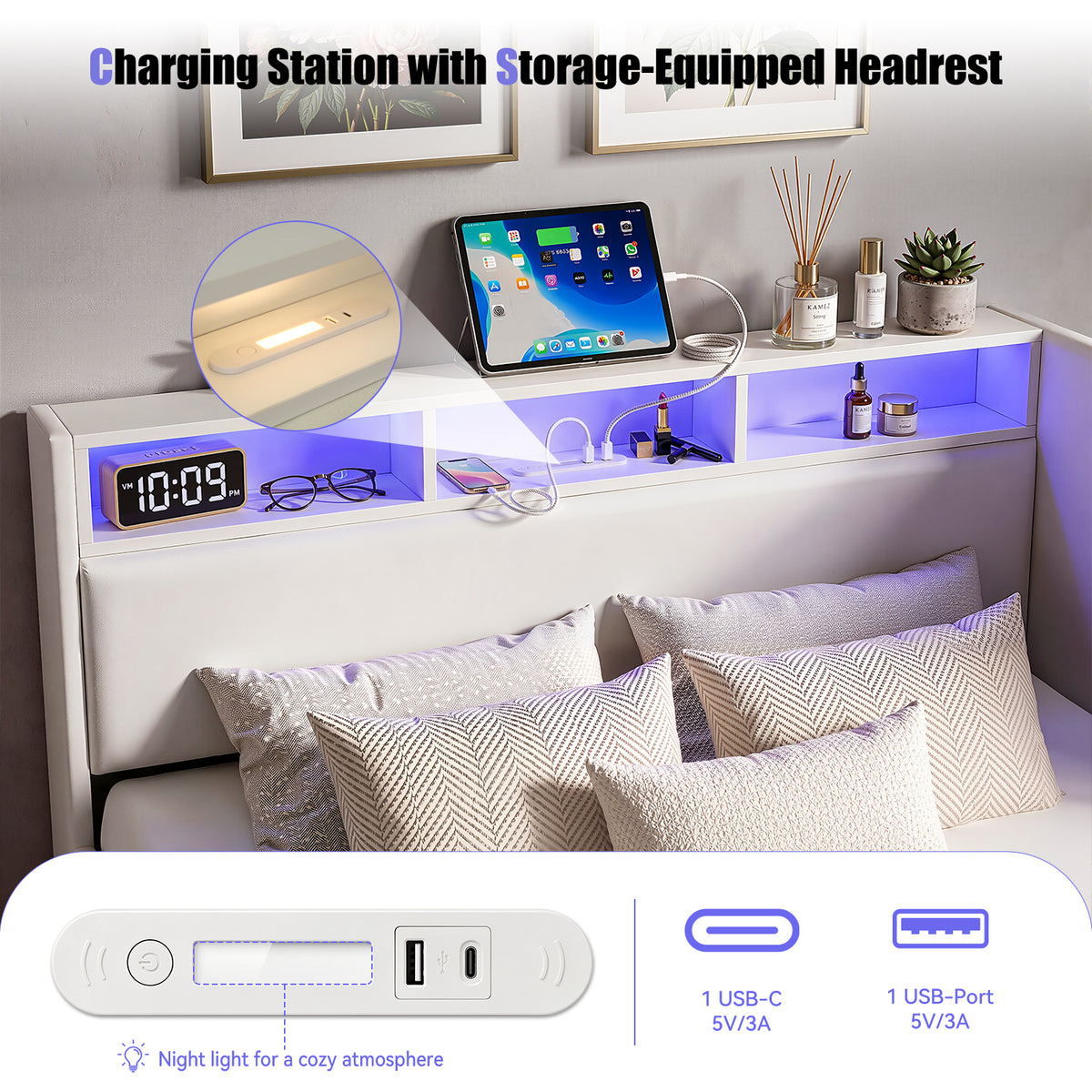 OYAJIA Upholstered Daybed with RGB LED Lights, Hydraulic Storage & USB-C