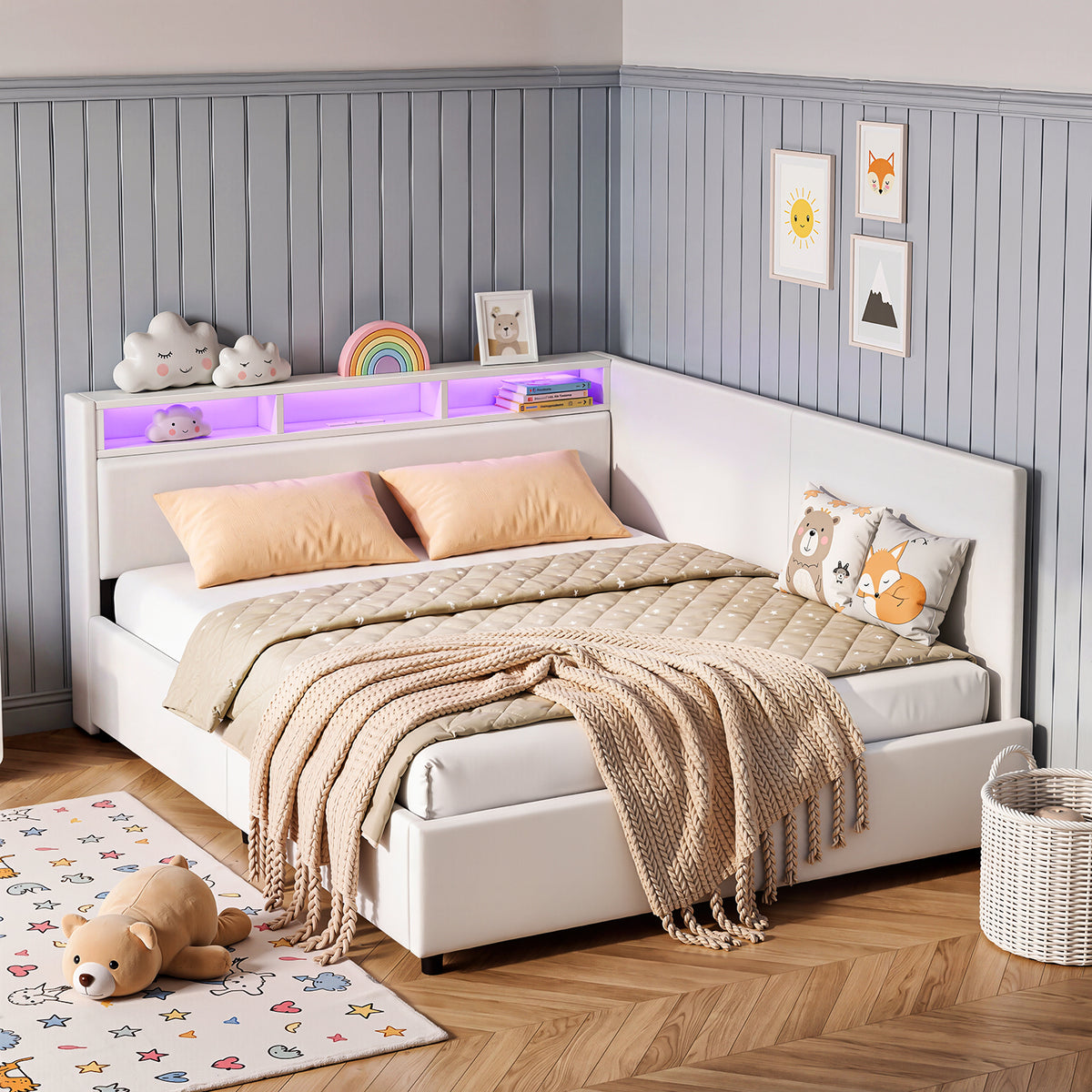 OYAJIA Upholstered Daybed with RGB LED Lights, Hydraulic Storage & USB-C