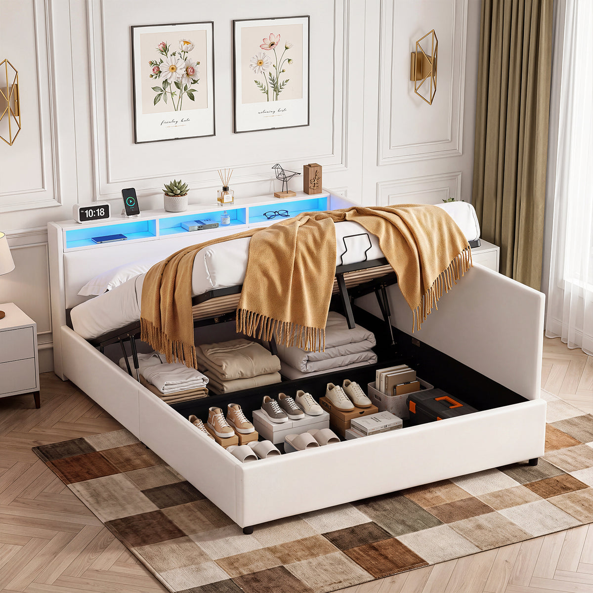 OYAJIA Upholstered Daybed with RGB LED Lights, Hydraulic Storage & USB-C