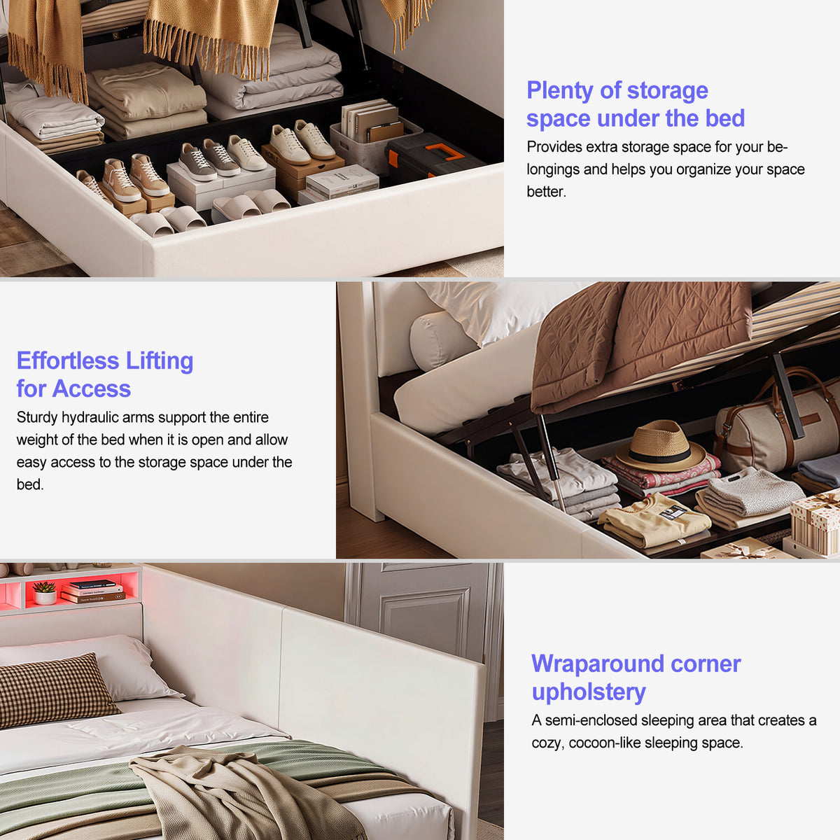 OYAJIA Upholstered Daybed with RGB LED Lights, Hydraulic Storage & USB-C