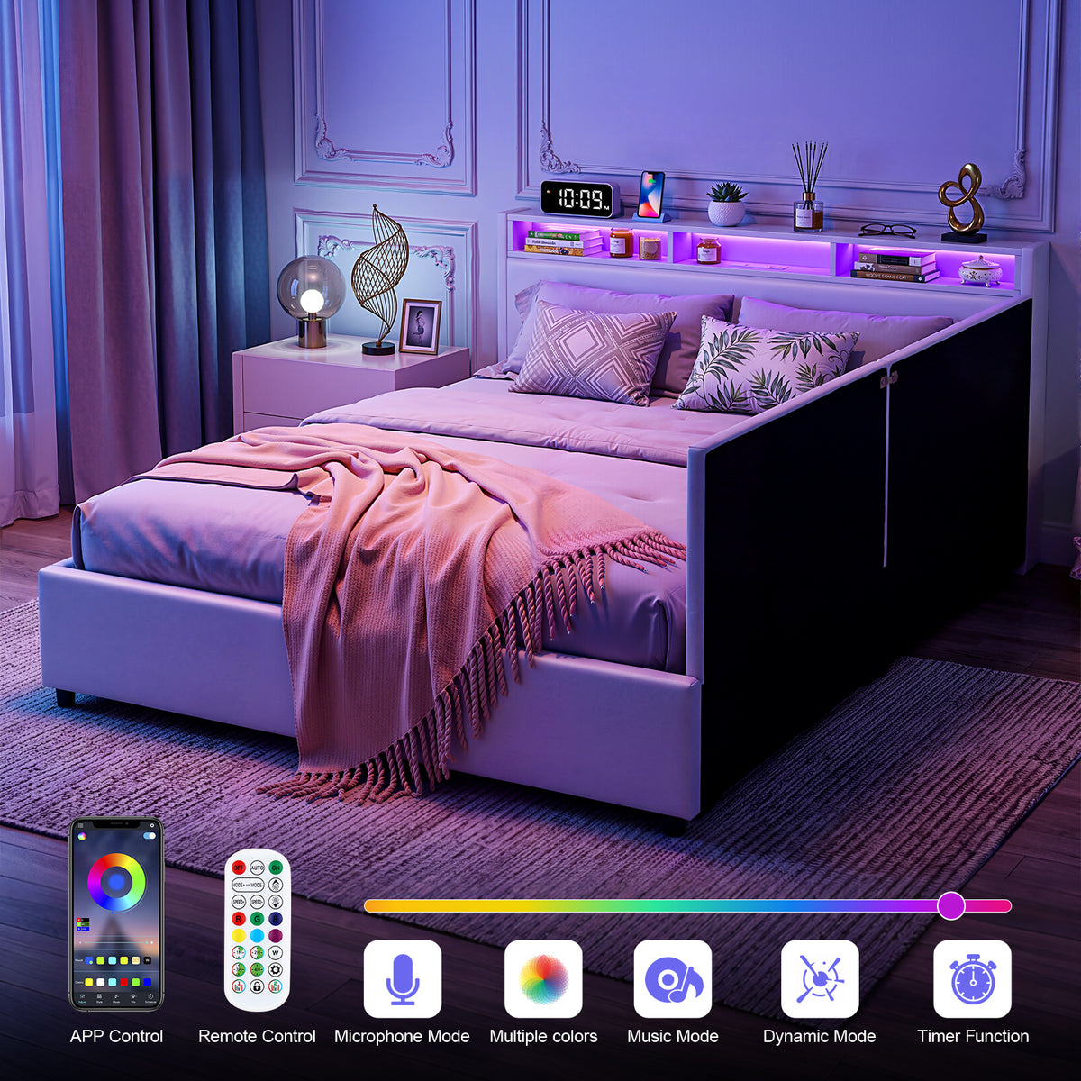 OYAJIA Upholstered Daybed with RGB LED Lights, Hydraulic Storage & USB-C