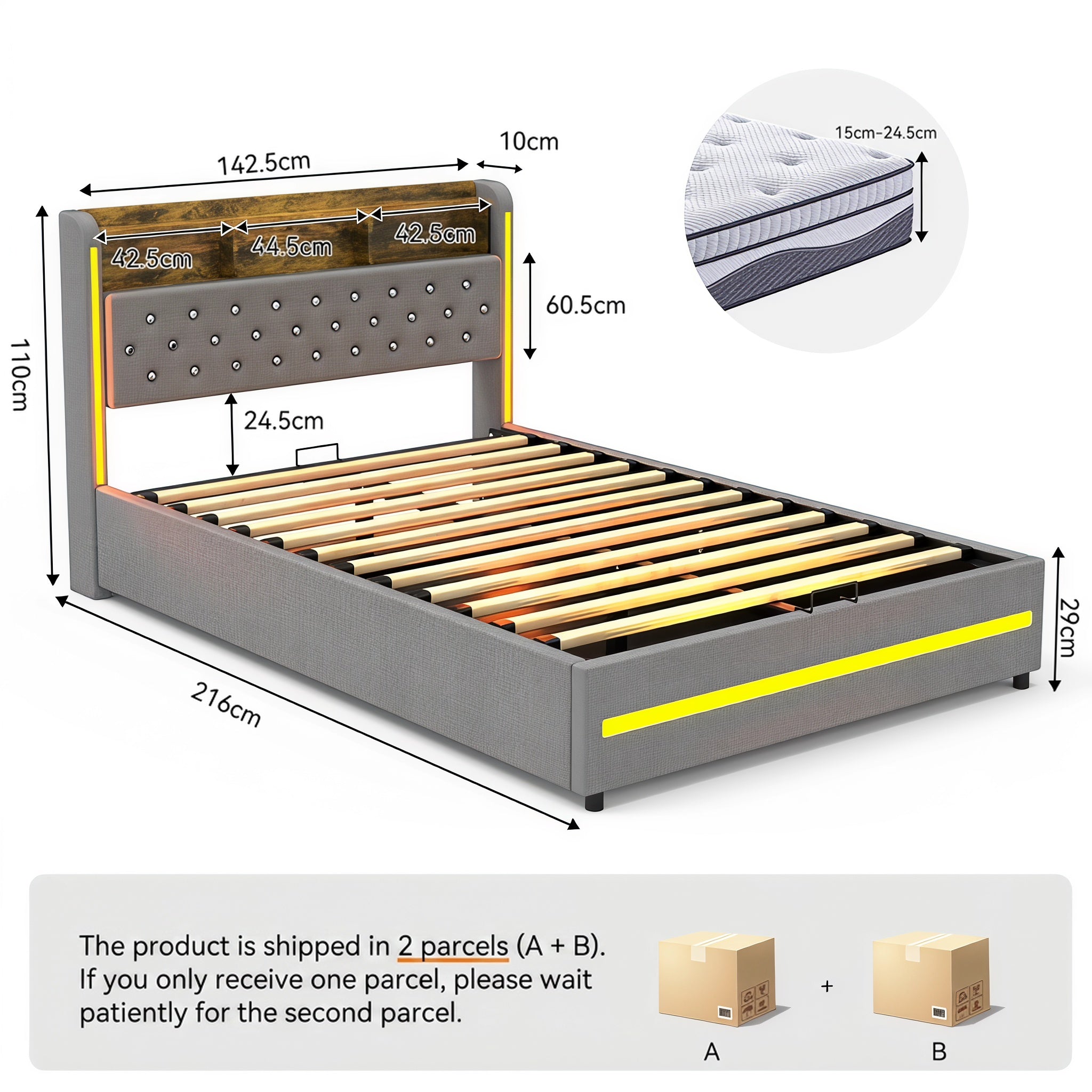 OYAJIA Linen Upholstered Storage Bed 140x200 cm with LED Lighting and Hydraulic Lift