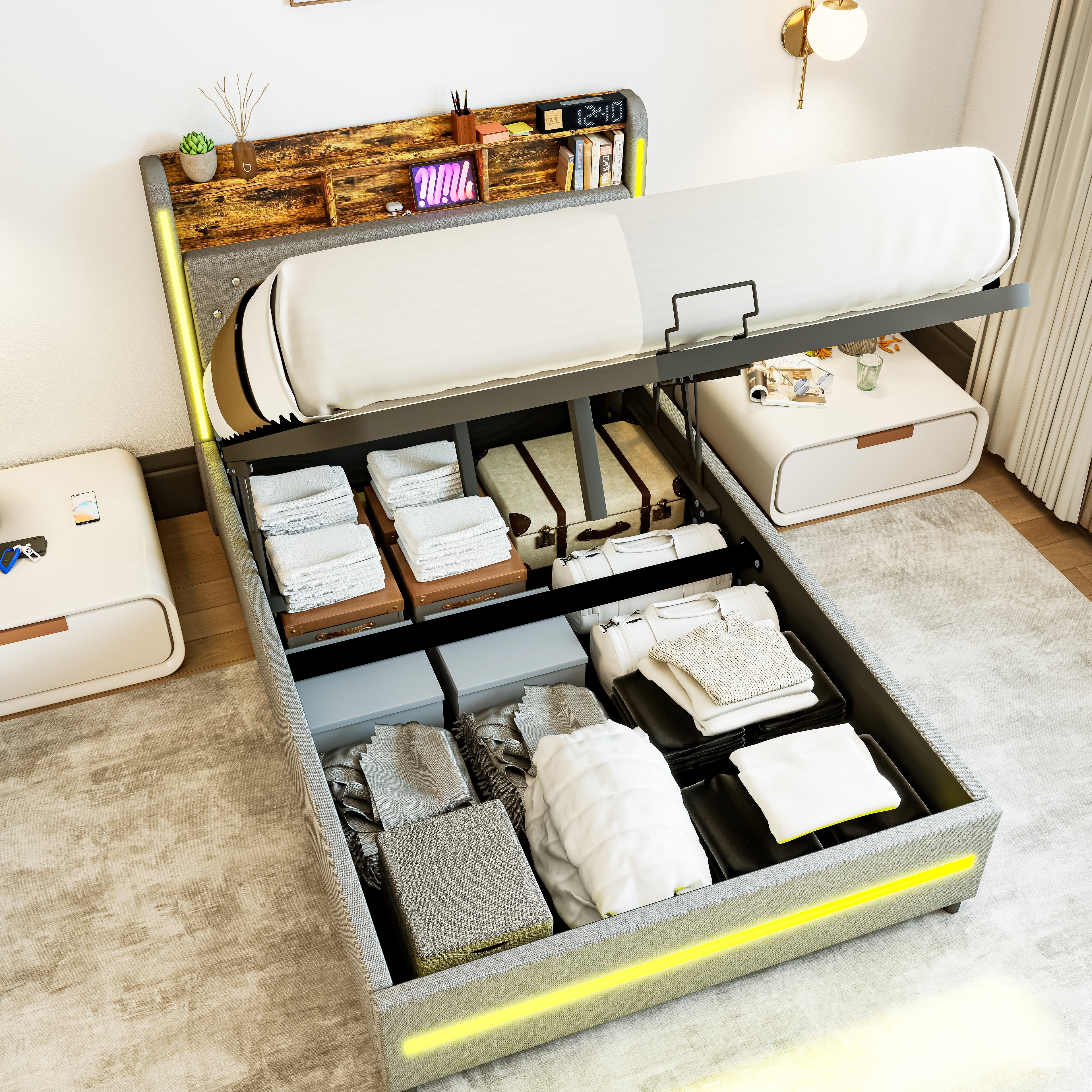 OYAJIA Linen Upholstered Storage Bed 140x200 cm with LED Lighting and Hydraulic Lift