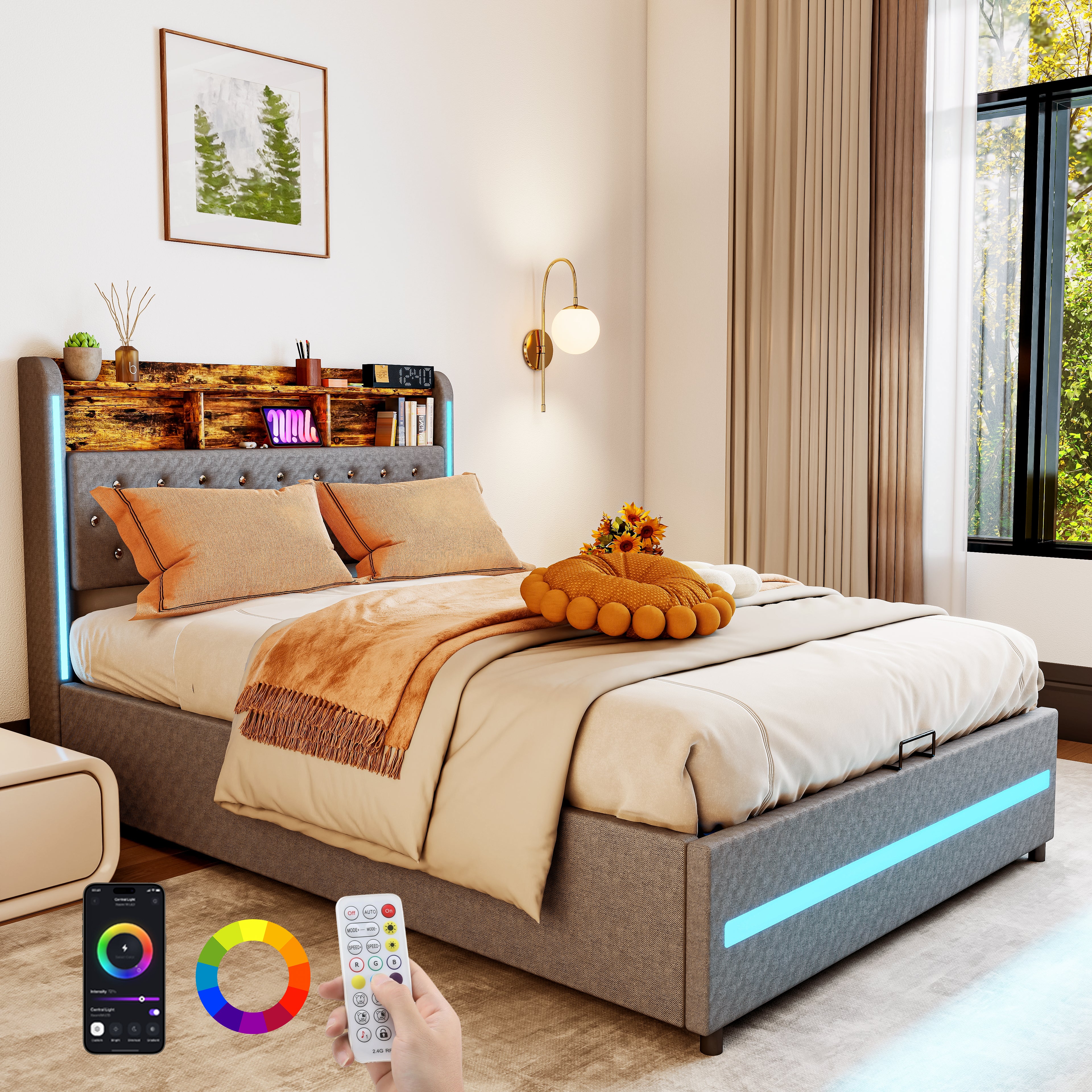 OYAJIA Linen Upholstered Storage Bed 140x200 cm with LED Lighting and Hydraulic Lift
