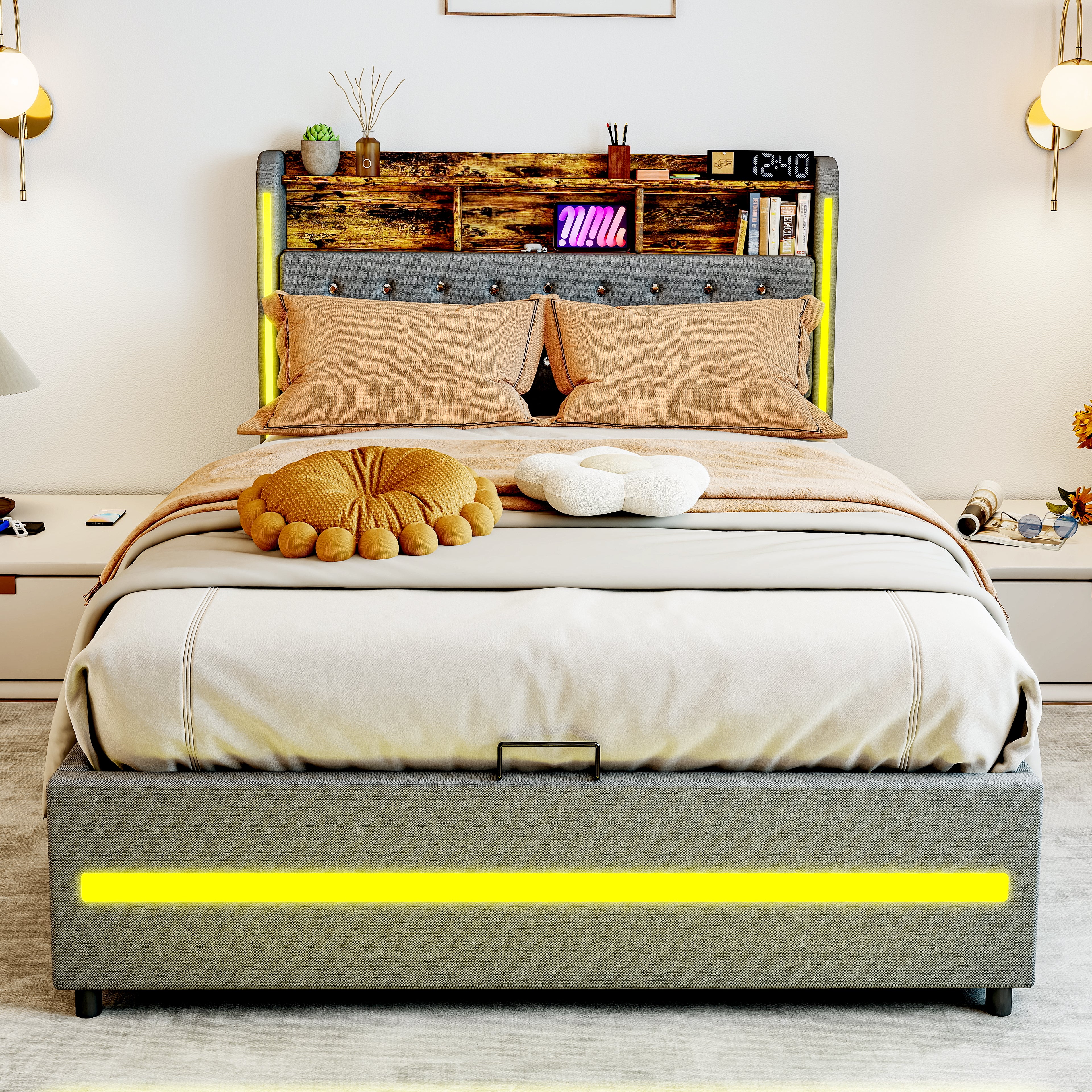OYAJIA Linen Upholstered Storage Bed 140x200 cm with LED Lighting and Hydraulic Lift